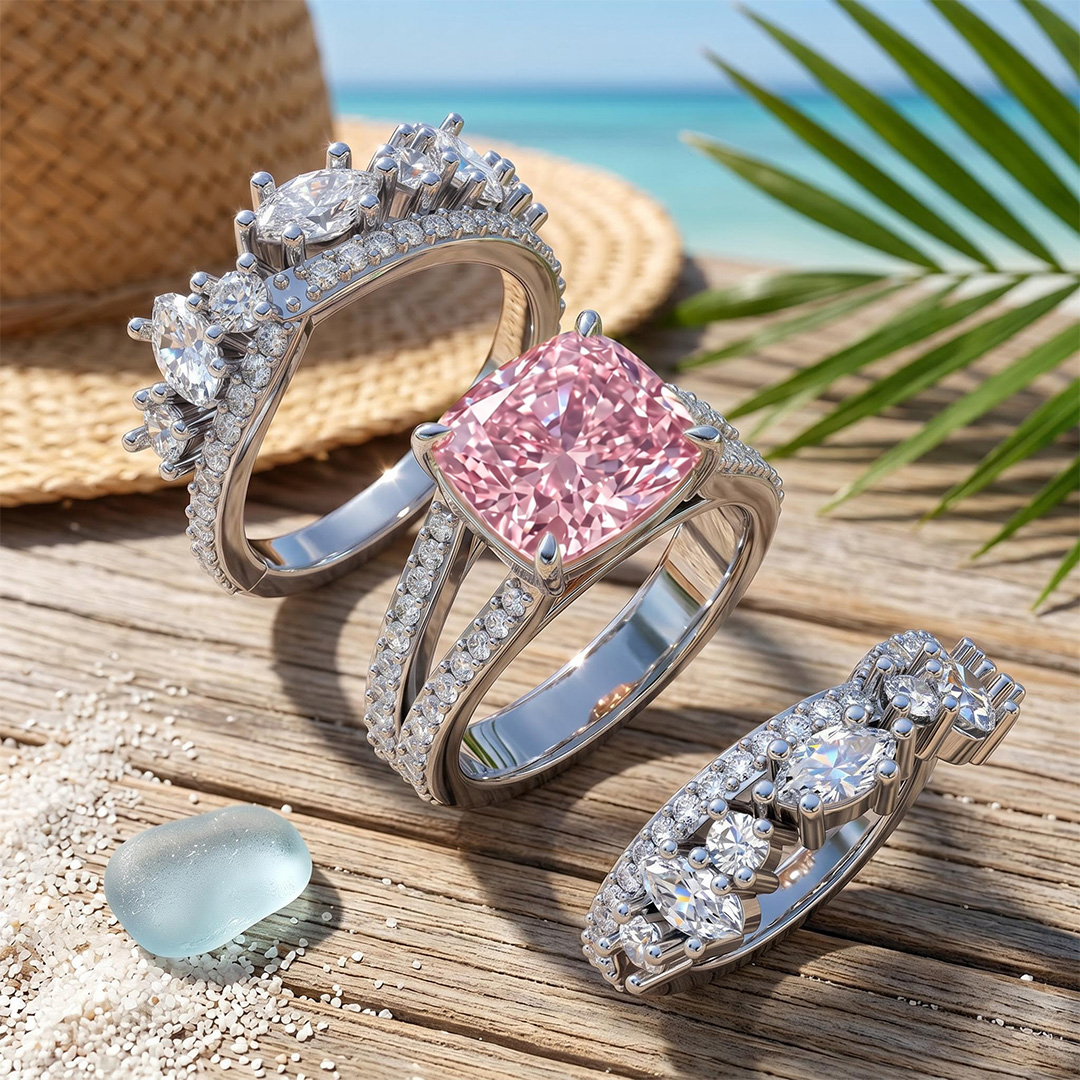 7.18 ct.tw. Stacked Pink Radiant Cut with Curved Marquise Cut Wedding Ring Set - 3Pcs
