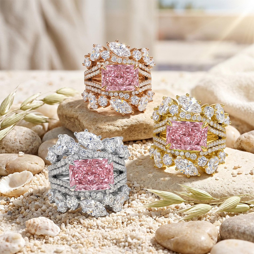 7.18 ct.tw. Stacked Pink Radiant Cut with Curved Marquise Cut Wedding Ring Set - 3Pcs