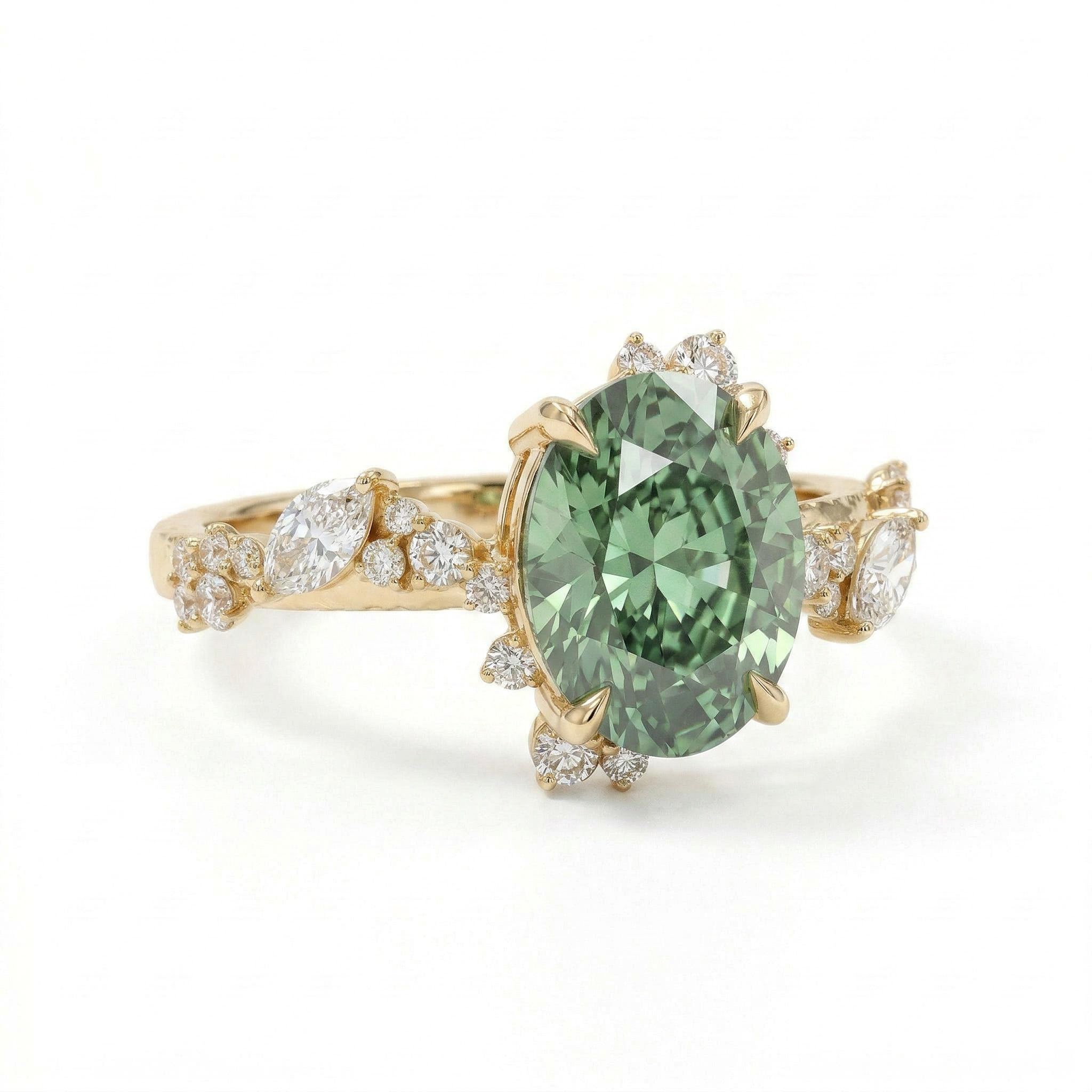 2.2 ct.tw. Nature-inspired Precision Sparkle Green Oval Cut S925 Silver Engagement Ring