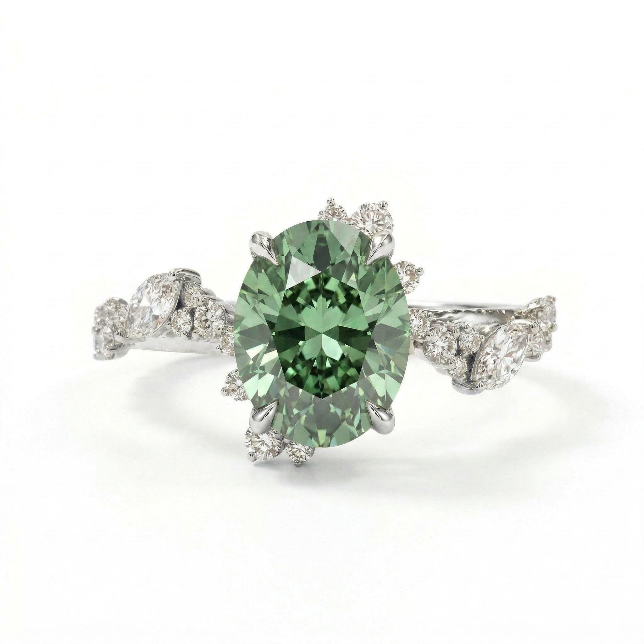 2.2 ct.tw. Nature-inspired Precision Sparkle Green Oval Cut S925 Silver Engagement Ring
