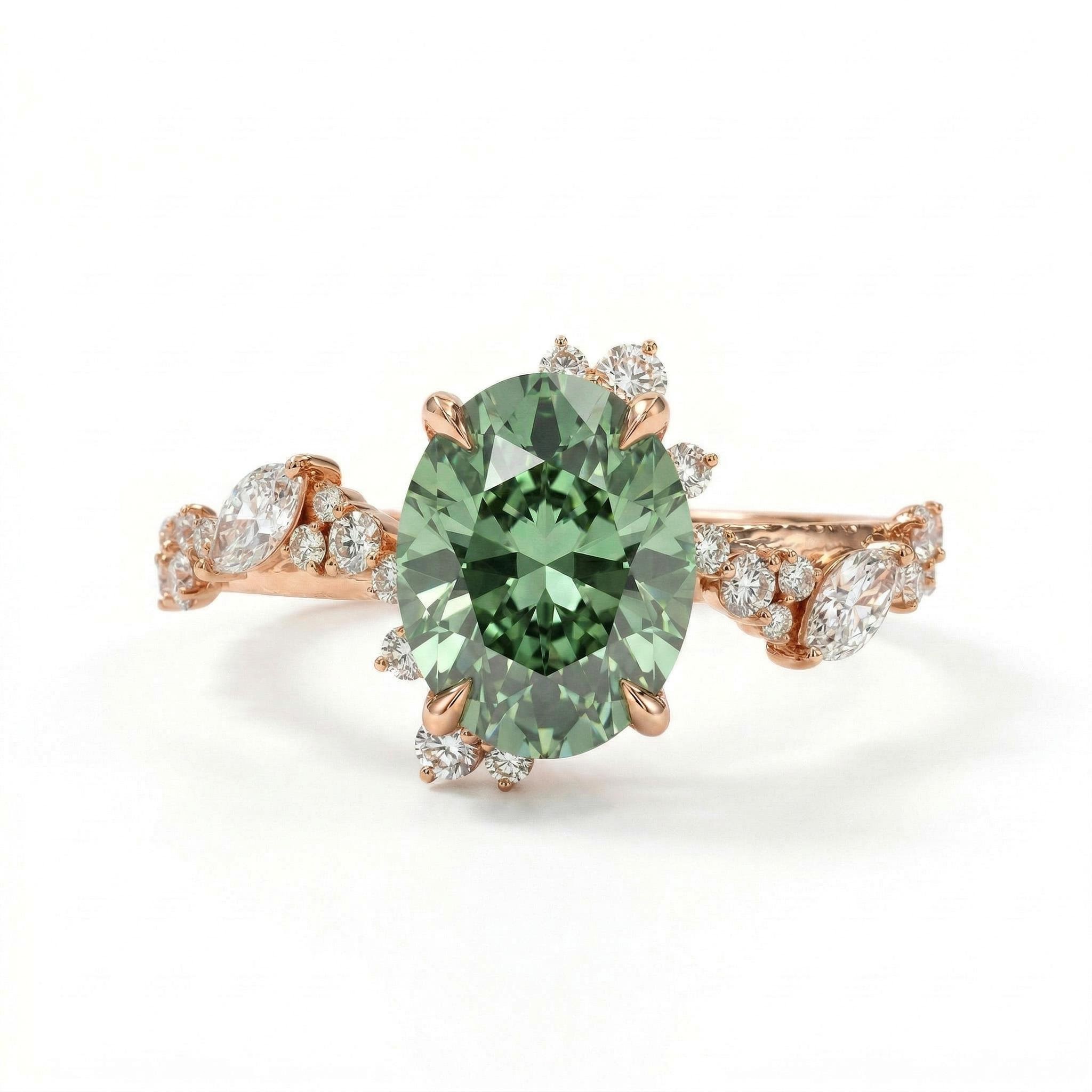 2.2 ct.tw. Nature-inspired Precision Sparkle Green Oval Cut S925 Silver Engagement Ring