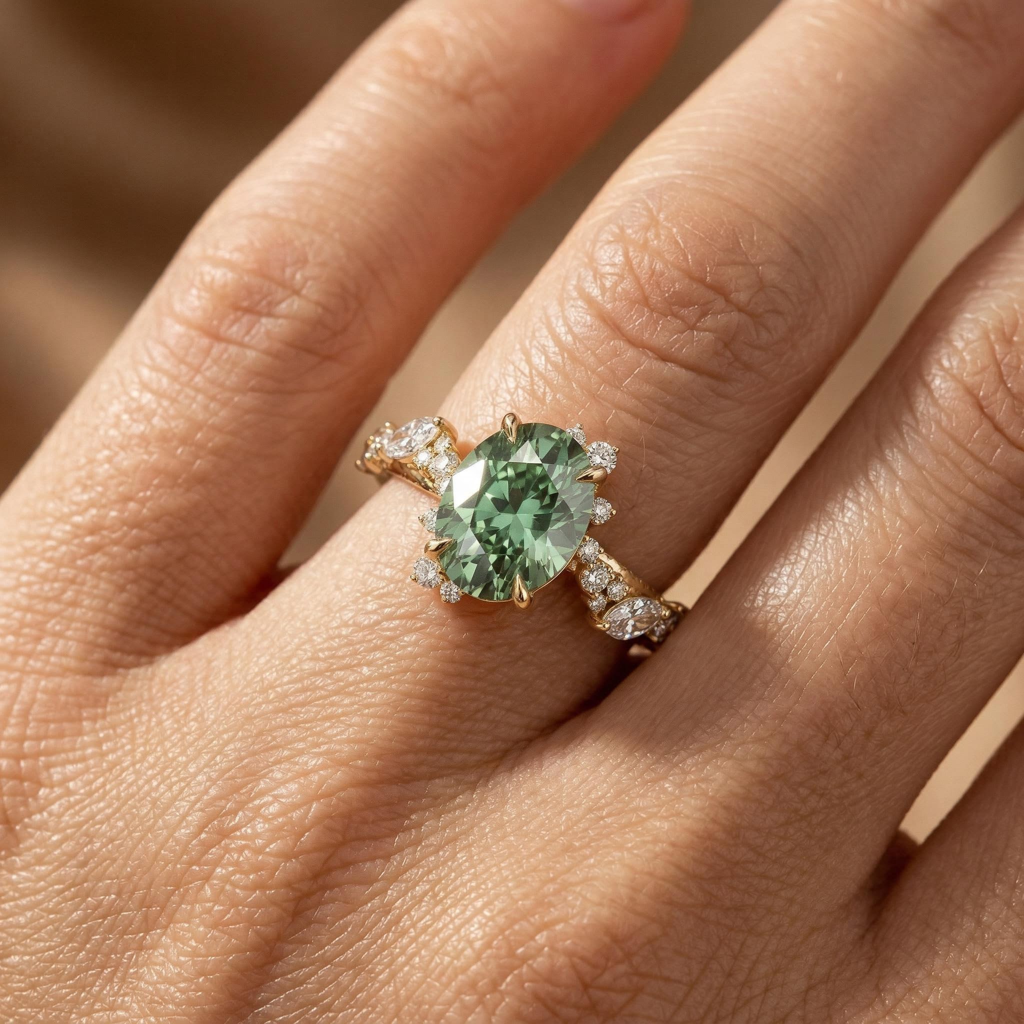 2.2 ct.tw. Nature-inspired Precision Sparkle Green Oval Cut S925 Silver Engagement Ring