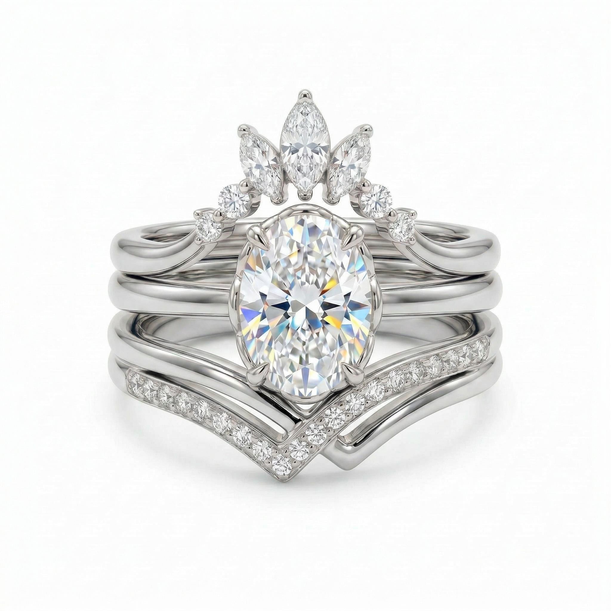 2.5 ct.tw. Stackable Curved Oval Cut VVS Moissanite S925 Silver Wedding Ring Set