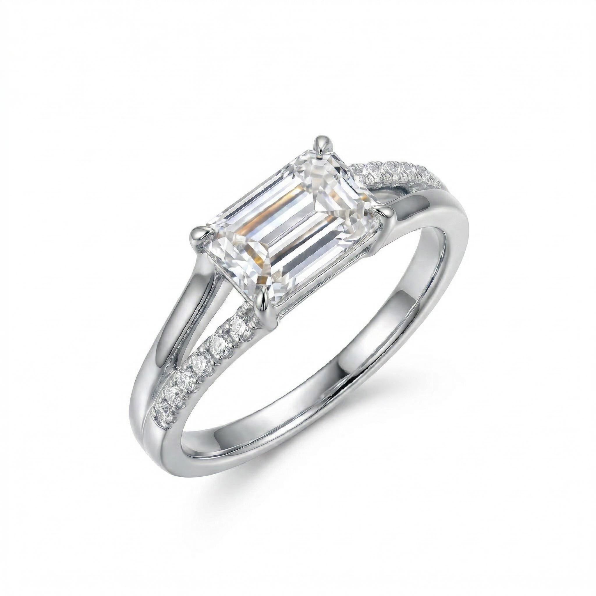 1.5 ct.tw. East-West Split Emerald Cut VVS Moissanite S925 Silver Engagement Ring