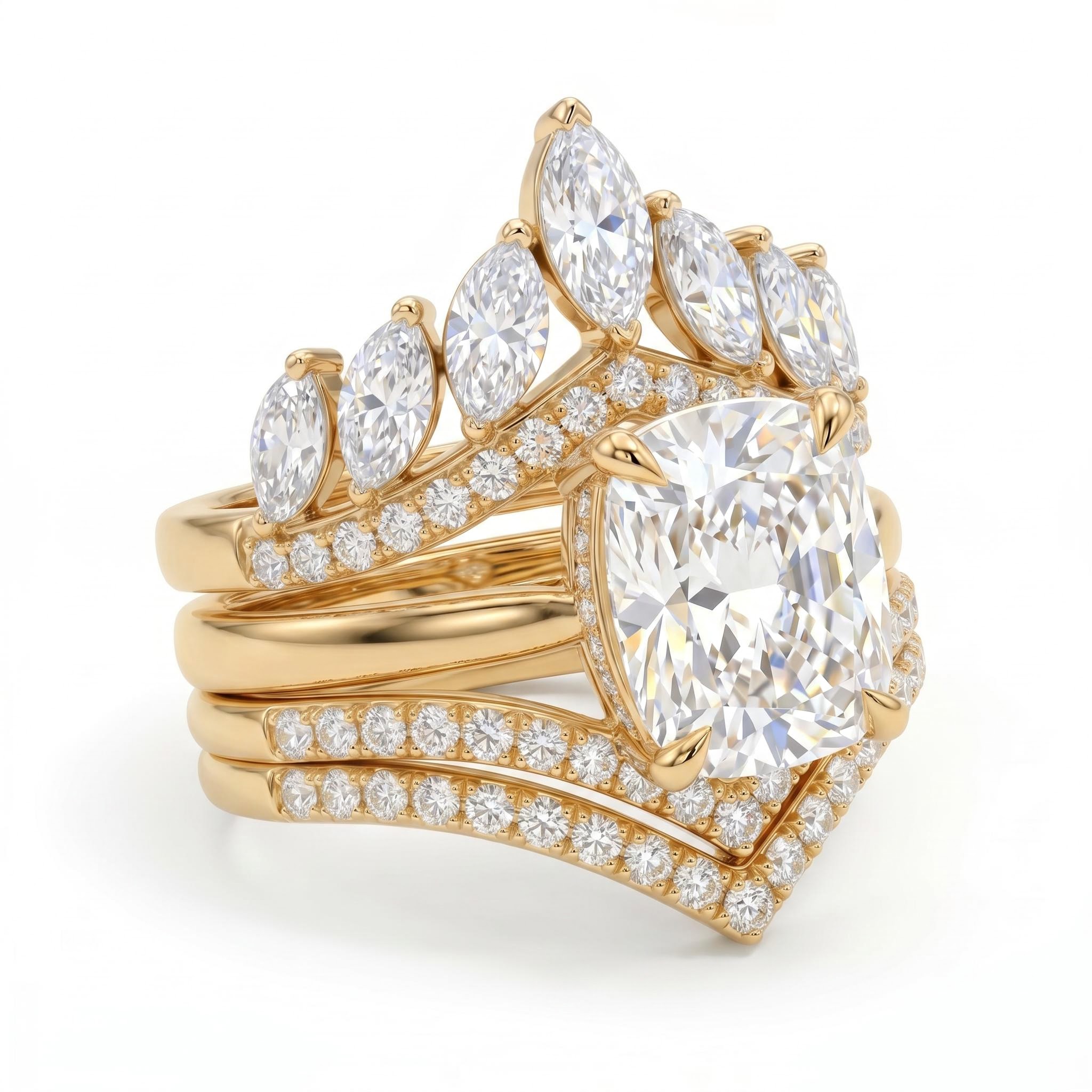 4.36 ct.tw. Timeless Cushion Cut  Hidden Halo with Curved Band Wedding Ring Set - 3Pcs