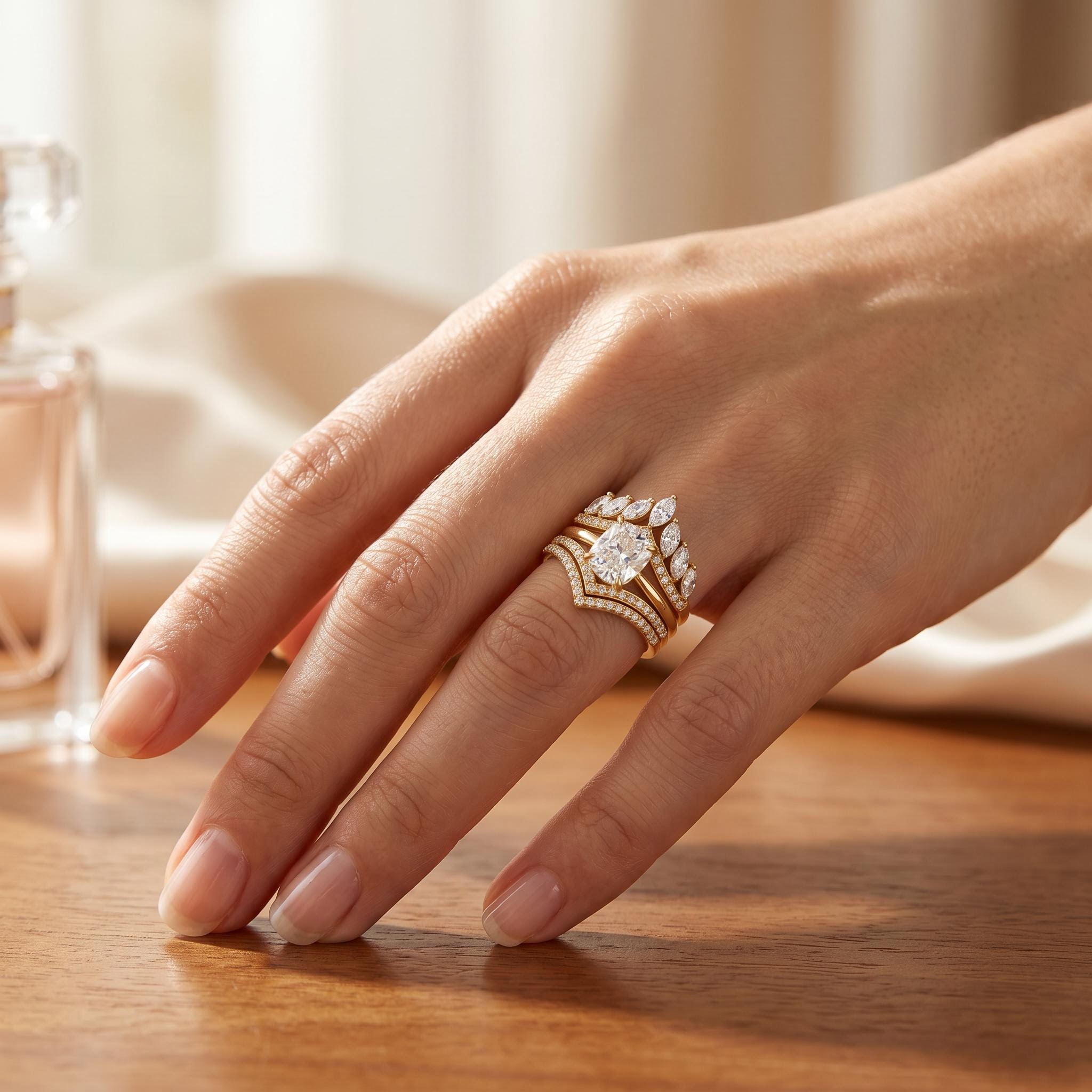 4.36 ct.tw. Timeless Cushion Cut  Hidden Halo with Curved Band Wedding Ring Set - 3Pcs