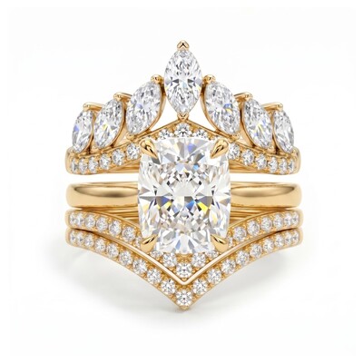 4.36 ct.tw. Timeless Cushion Cut  Hidden Halo with Curved Band Wedding Ring Set - 3Pcs