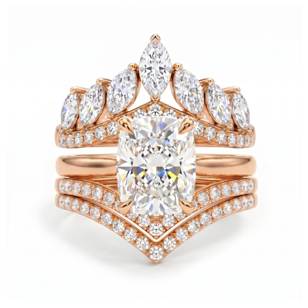 4.36 ct.tw. Timeless Cushion Cut  Hidden Halo with Curved Band Wedding Ring Set - 3Pcs