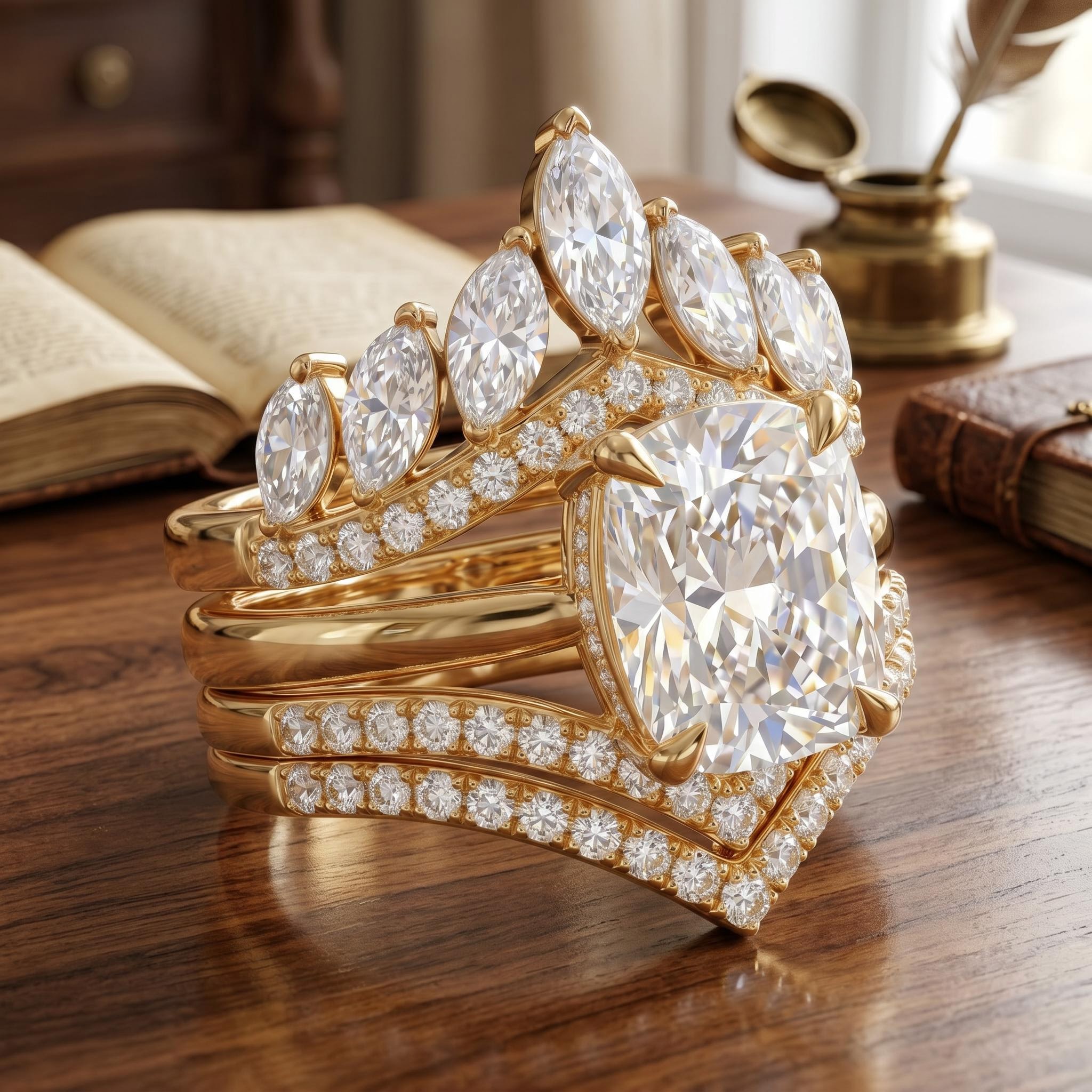 6.65 ct.tw. Timeless Cushion Cut Hidden Halo with Curved Band Wedding Ring Set - 3Pcs 6.65 ct.tw. Timeless Cushion Cut Hidden Halo with Curved Band Wedding Ring Set - 3Pcs
