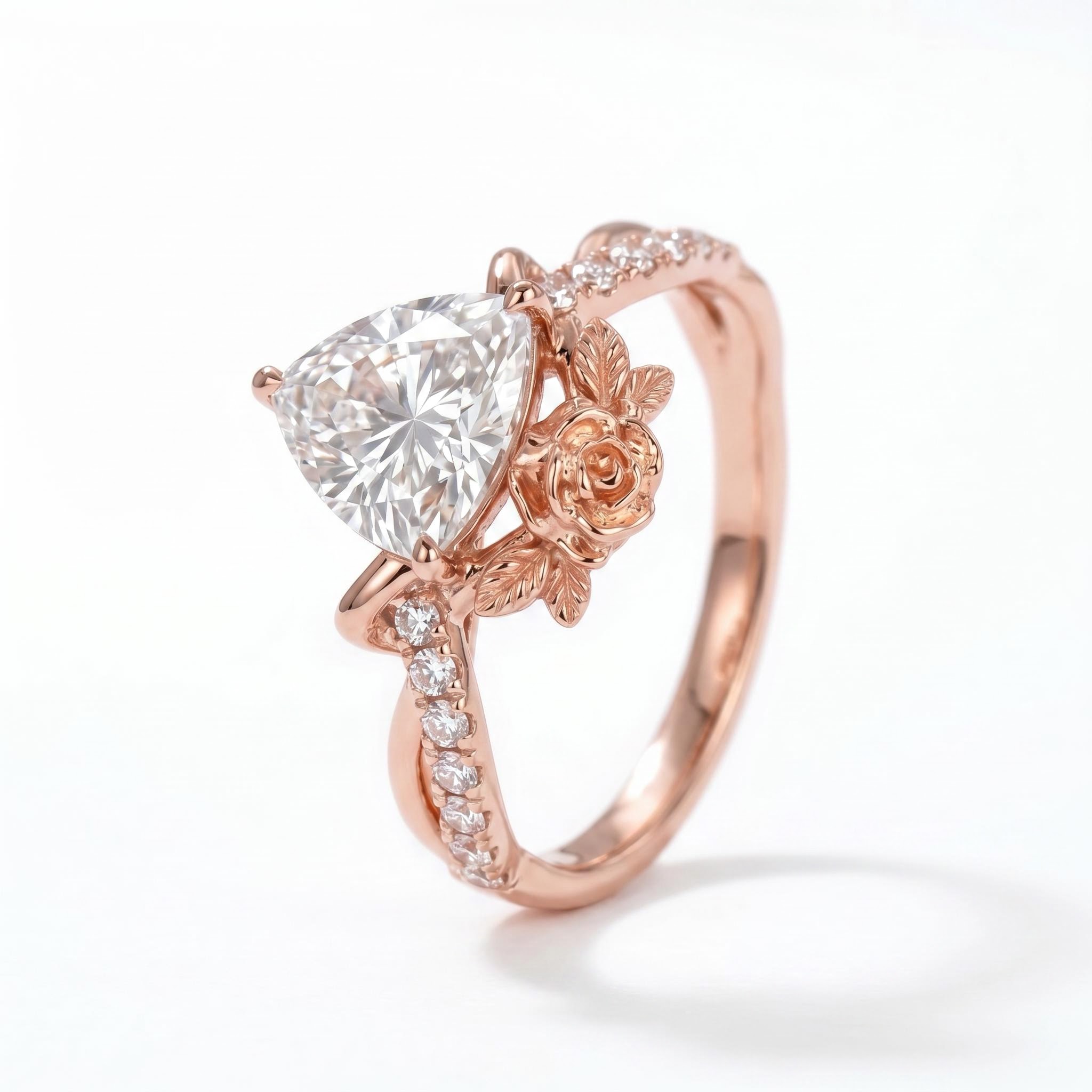 1.5 ct.tw. Triangle Cut with Rose Flower Engagement Ring