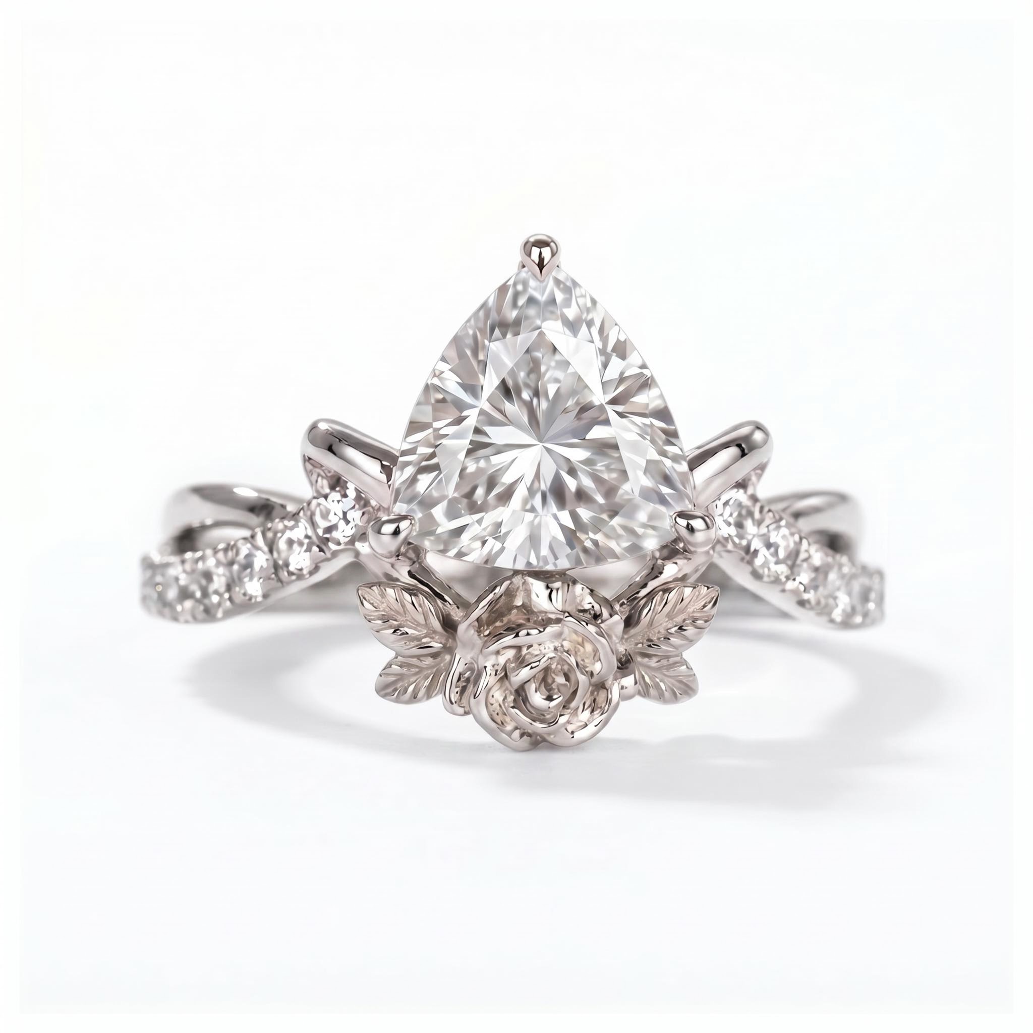 1.5 ct.tw. Triangle Cut with Rose Flower Engagement Ring