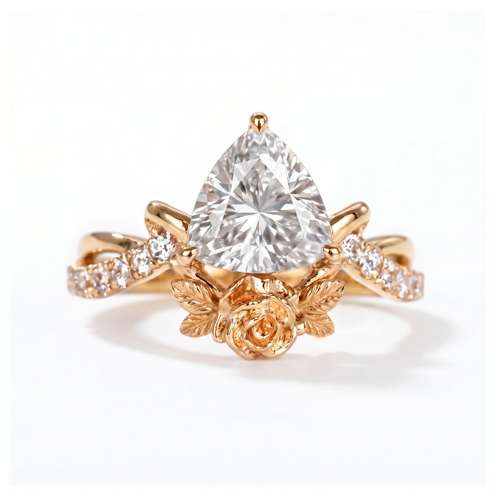 1.5 ct.tw. Triangle Cut with Rose Flower Engagement Ring