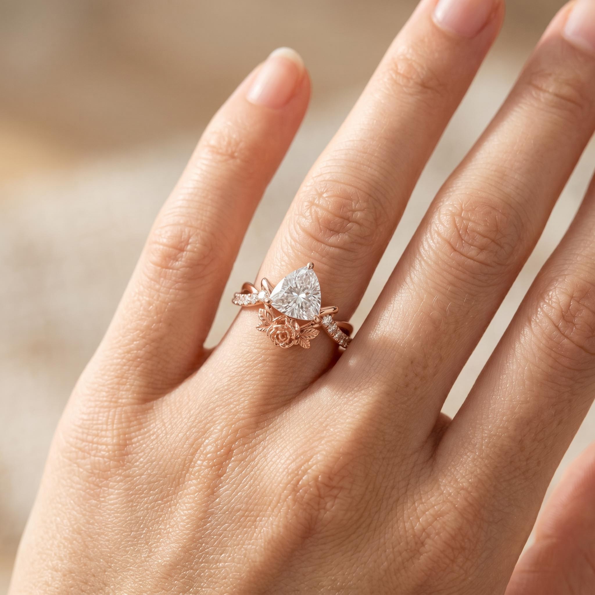 1.5 ct.tw. Triangle Cut with Rose Flower Engagement Ring