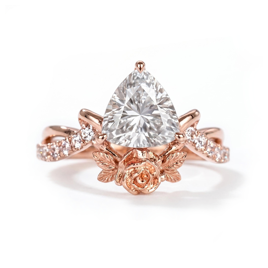 1.5 ct.tw. Triangle Cut with Rose Flower Engagement Ring