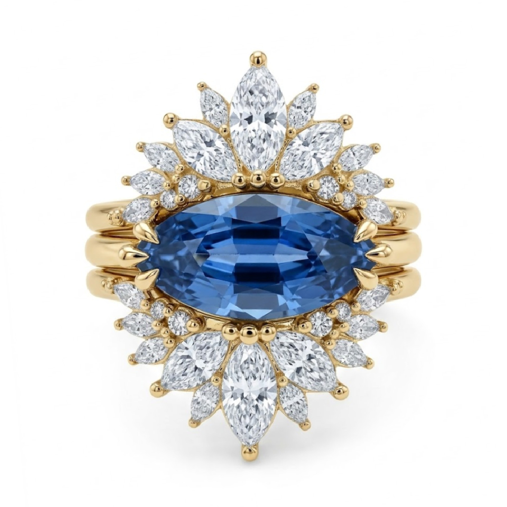 3.5 ct.tw. Horizontal Curved Royal Blue Sapphire Marquise Cut Wedding Ring Set-3Pcs