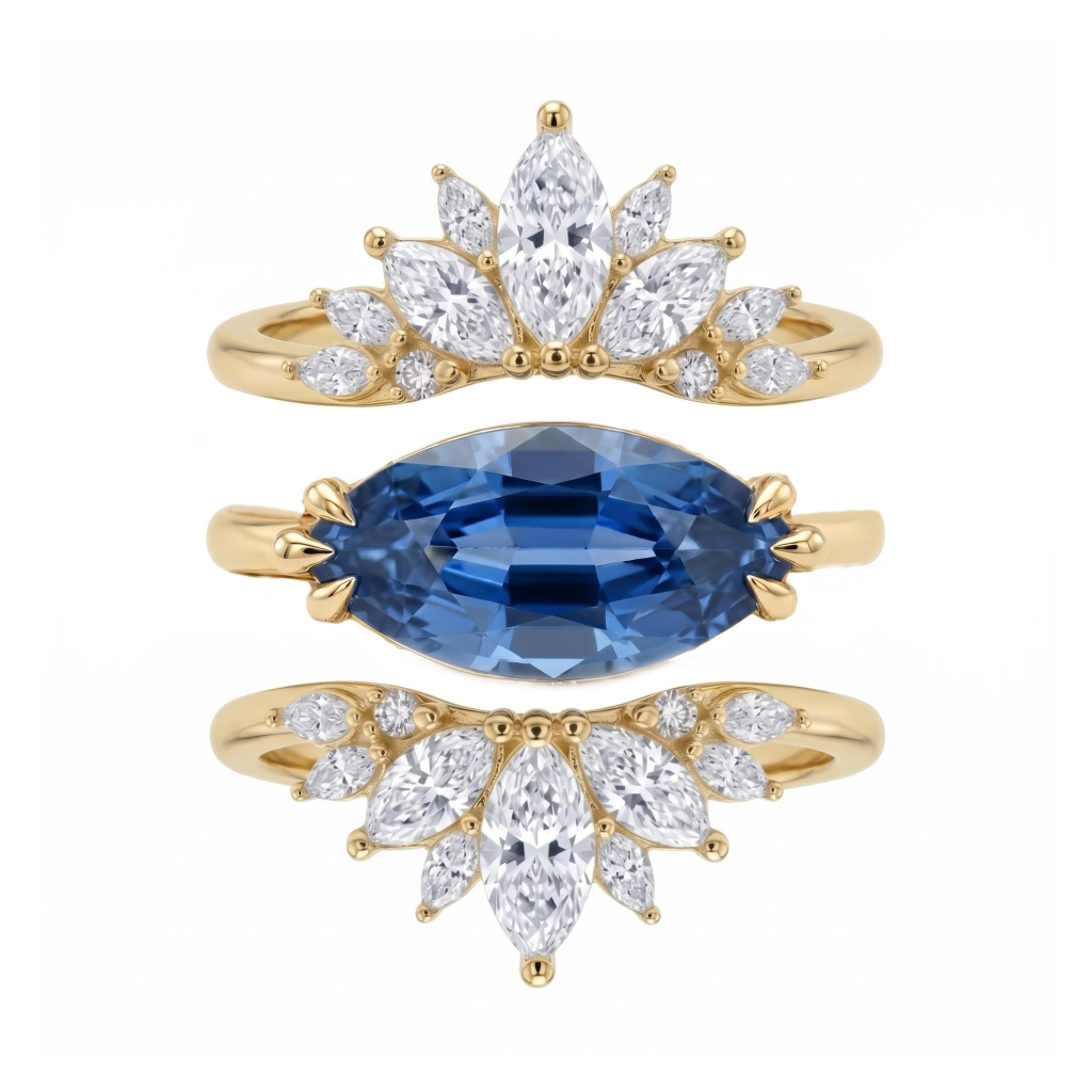 3.5 ct.tw. Horizontal Curved Royal Blue Sapphire Marquise Cut Wedding Ring Set-3Pcs