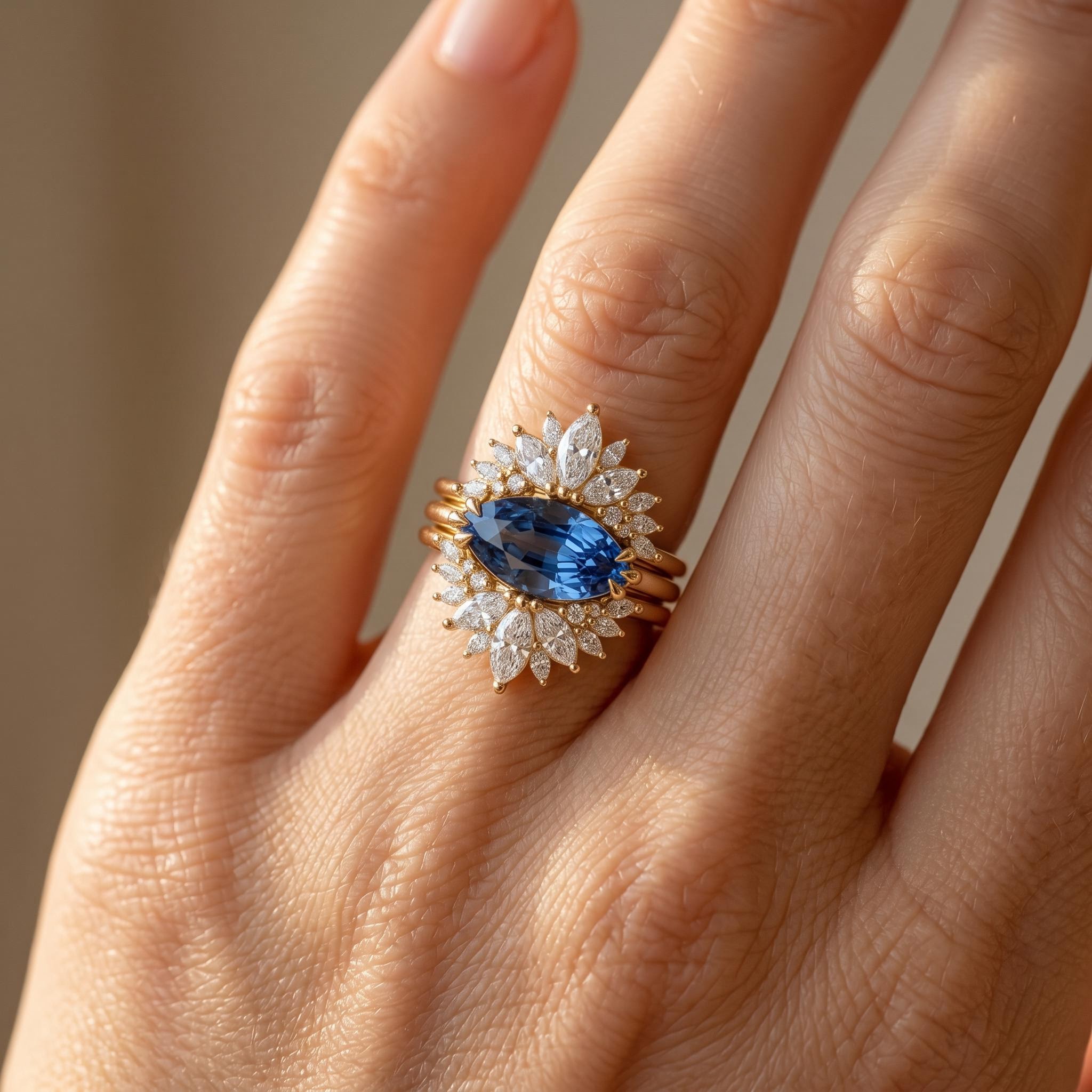 3.5 ct.tw. Horizontal Curved Royal Blue Sapphire Marquise Cut Wedding Ring Set-3Pcs