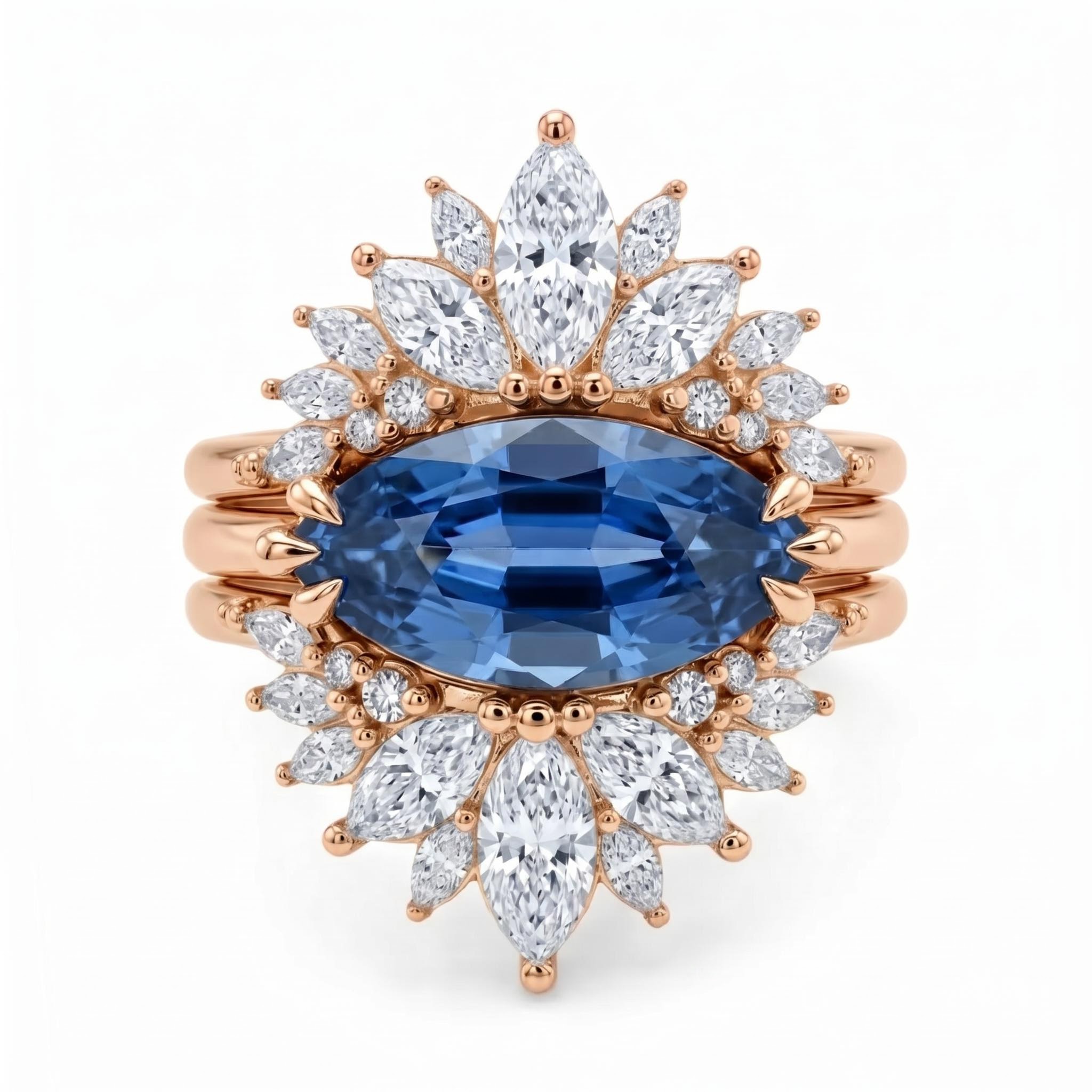 3.5 ct.tw. Horizontal Curved Royal Blue Sapphire Marquise Cut Wedding Ring Set-3Pcs