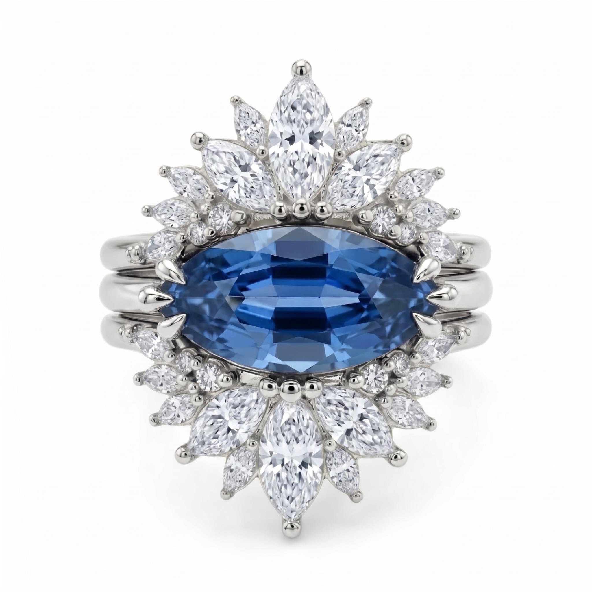 3.5 ct.tw. Horizontal Curved Royal Blue Sapphire Marquise Cut Wedding Ring Set-3Pcs