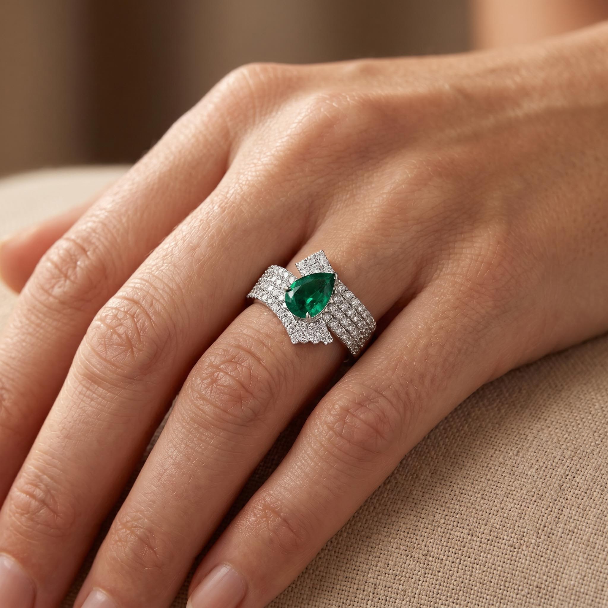 1.79 ct.tw. Interwoven Pear Cut Emerald Green Diamond Paved Engagement Ring