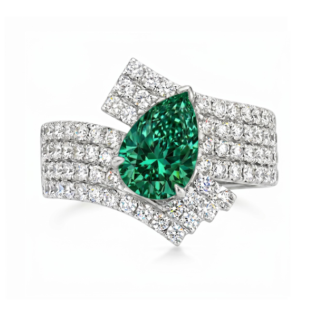 1.79 ct.tw. Interwoven Pear Cut Emerald Green Diamond Paved Engagement Ring