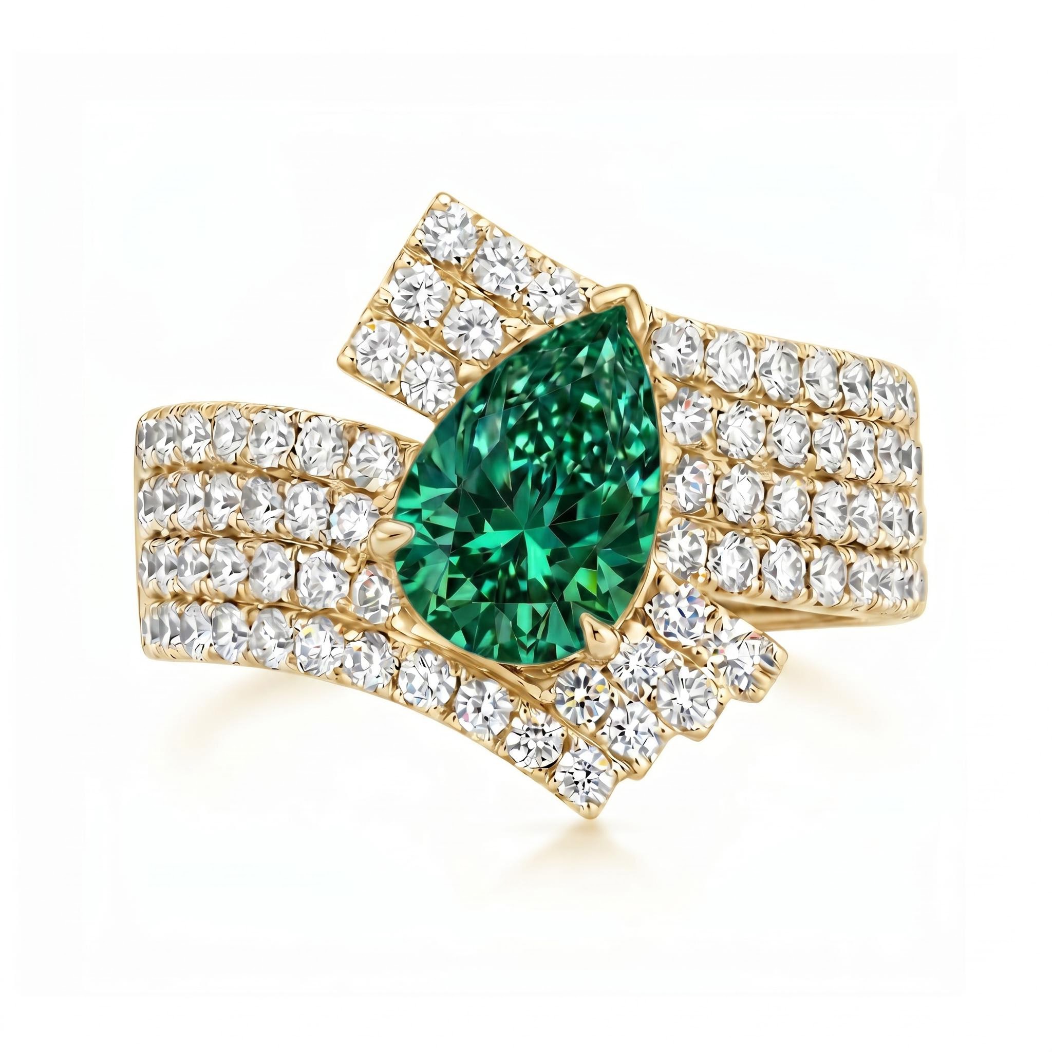 1.79 ct.tw. Interwoven Pear Cut Emerald Green Diamond Paved Engagement Ring