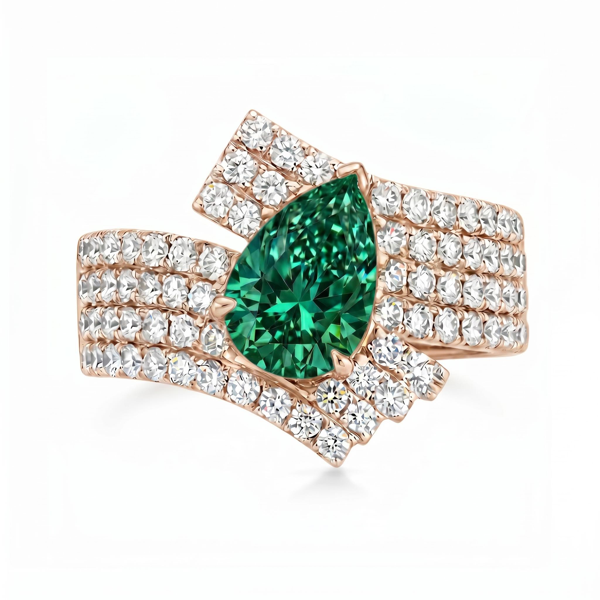 1.79 ct.tw. Interwoven Pear Cut Emerald Green Diamond Paved Engagement Ring