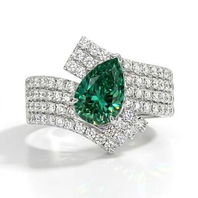 1.79 ct.tw. Interwoven Pear Cut Emerald Green Diamond Paved Engagement Ring