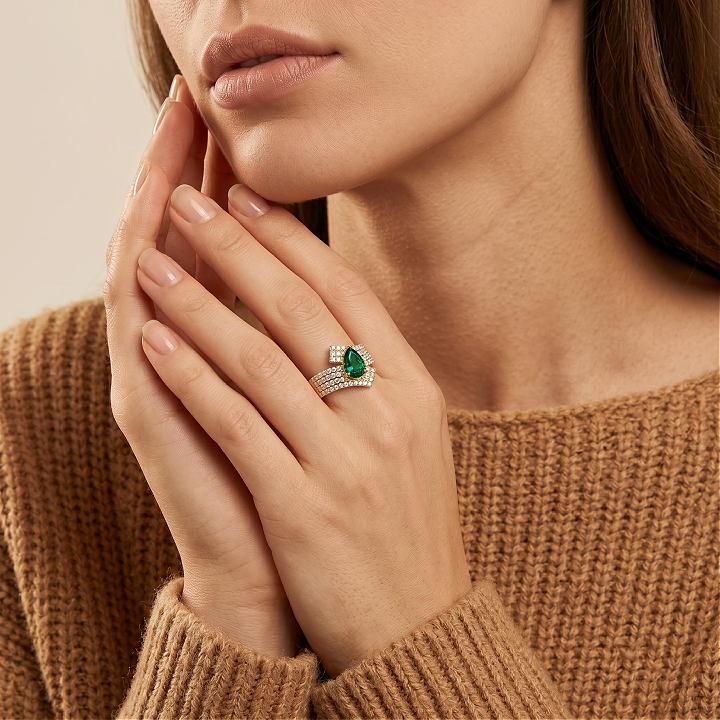 5.16 ct.tw. Interwoven Pear Cut Emerald Green Diamond Paved Engagement Ring