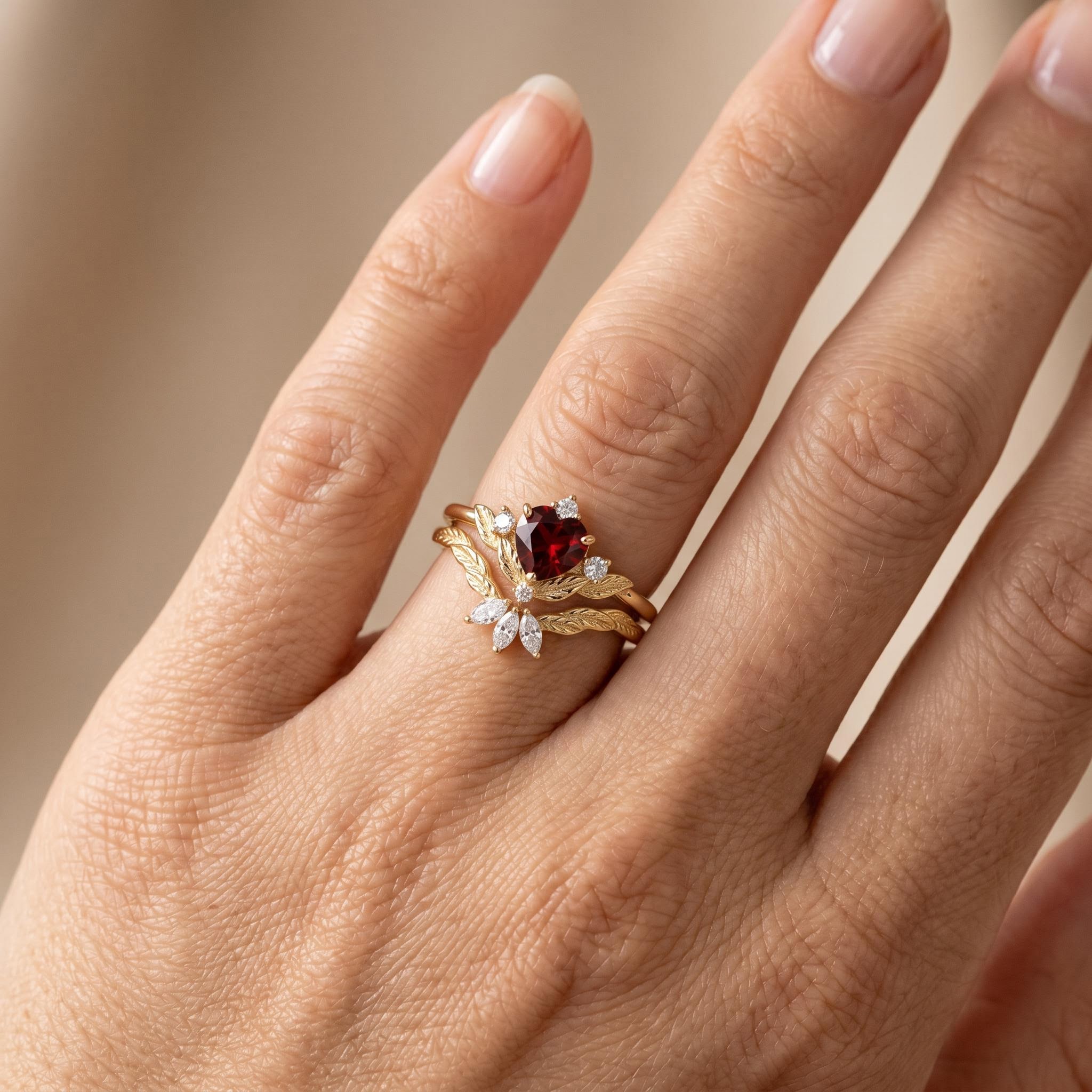 1.84 ct.tw. Nature-inspired Garnet Heart Cut Wedding Ring Set