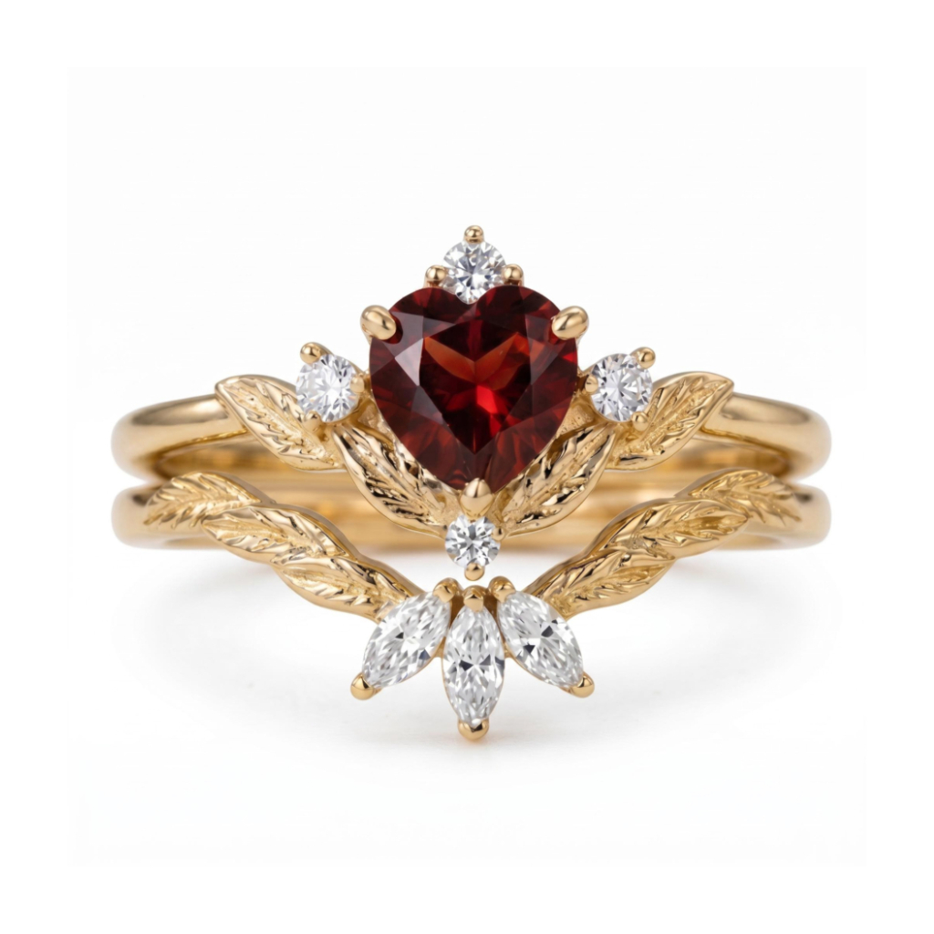 1.84 ct.tw. Nature-inspired Garnet Heart Cut Wedding Ring Set
