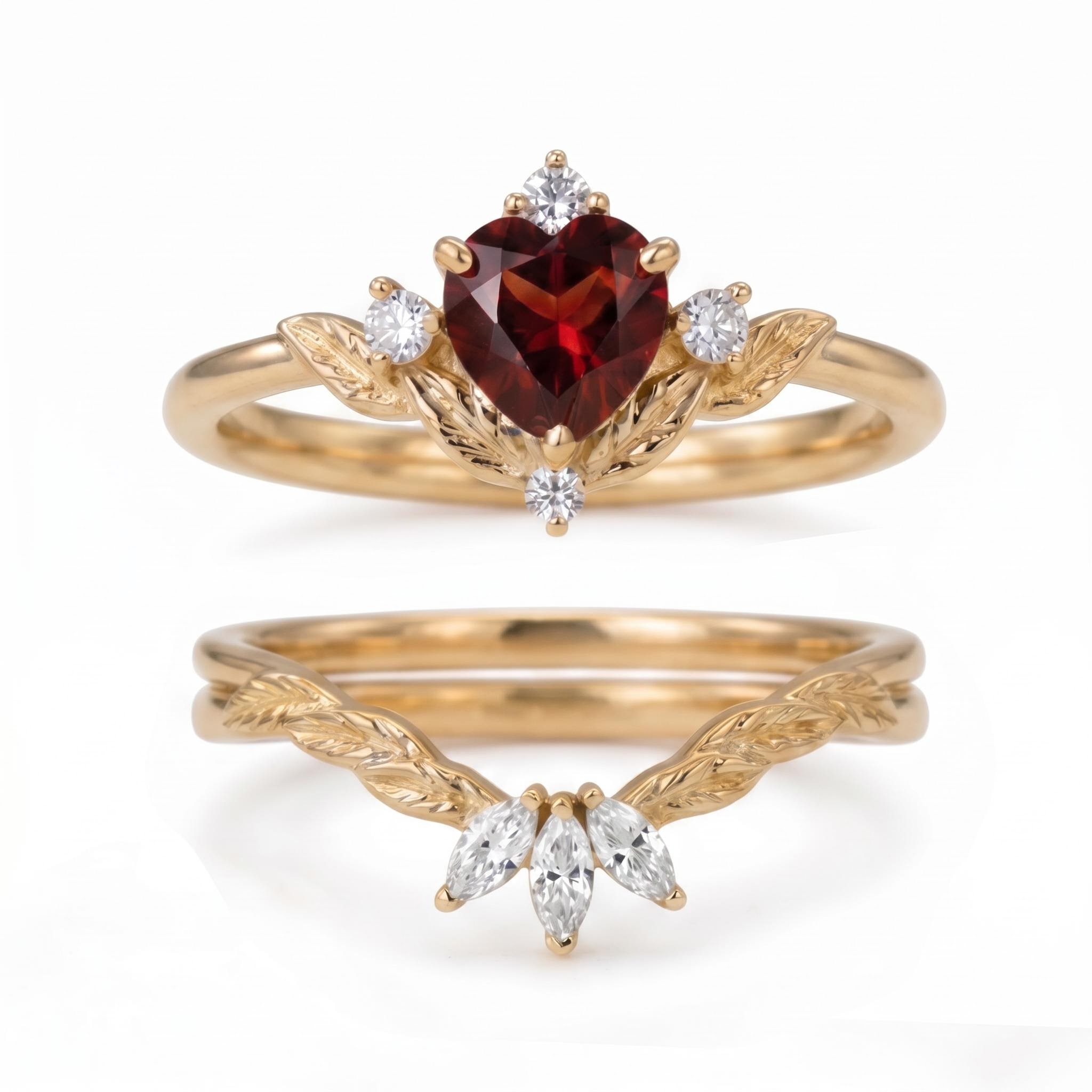 1.84 ct.tw. Nature-inspired Garnet Heart Cut Wedding Ring Set