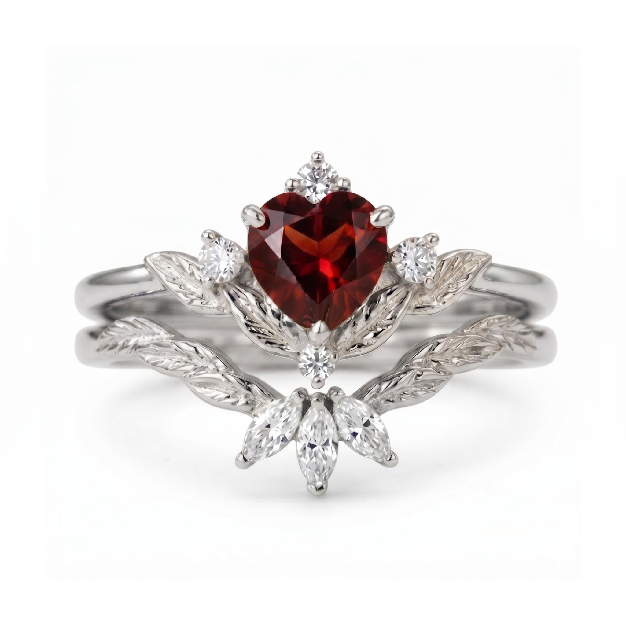 1.84 ct.tw. Nature-inspired Garnet Heart Cut Wedding Ring Set