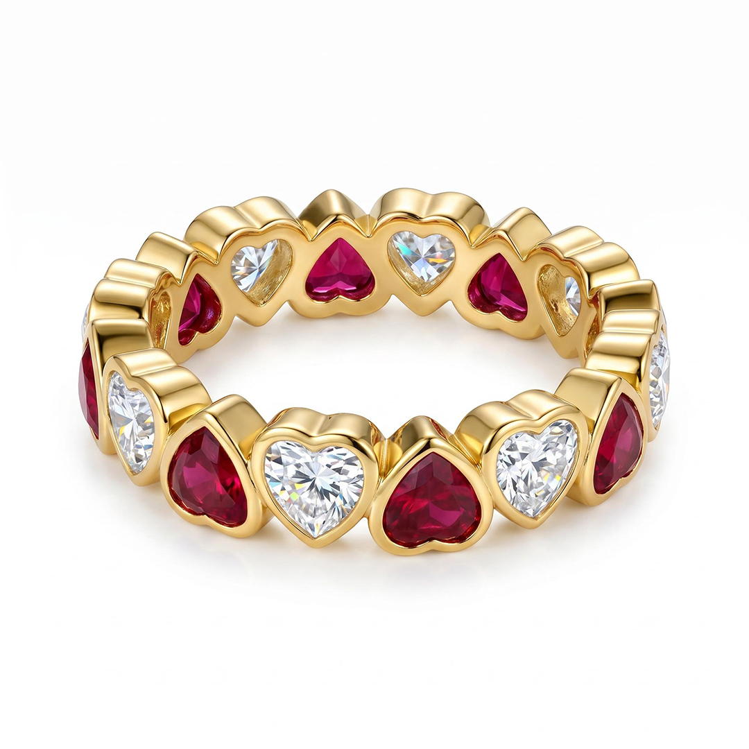 4.2 ct.tw. Alternating Bezel Hearts Rose Red & White Women's Band 4.2 ct.tw. Alternating Bezel Hearts Rose Red & White Women's Band