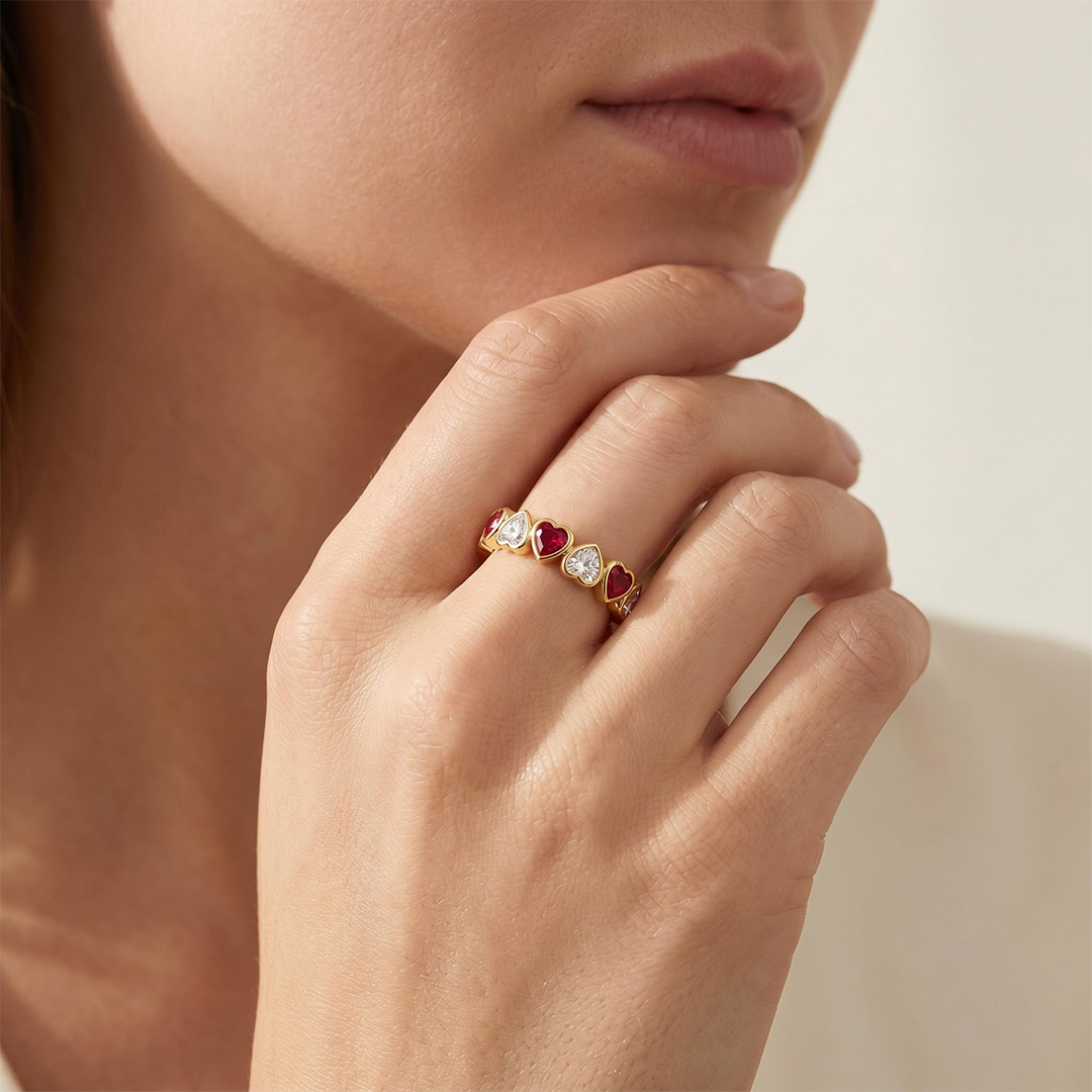4.2 ct.tw. Alternating Bezel Hearts Rose Red & White Women's Band 4.2 ct.tw. Alternating Bezel Hearts Rose Red & White Women's Band