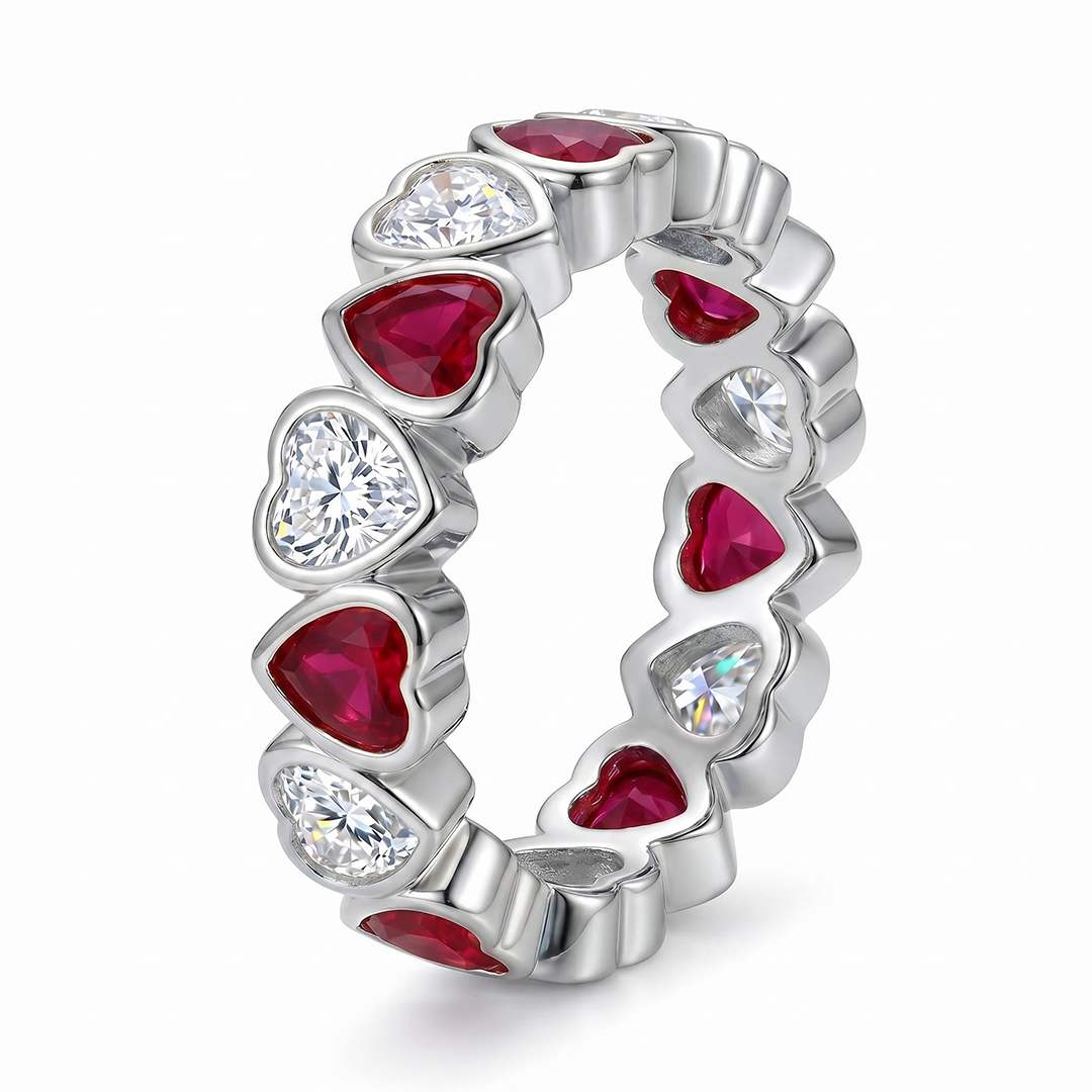 4.2 ct.tw. Alternating Bezel Hearts Rose Red & White Women's Band 4.2 ct.tw. Alternating Bezel Hearts Rose Red & White Women's Band