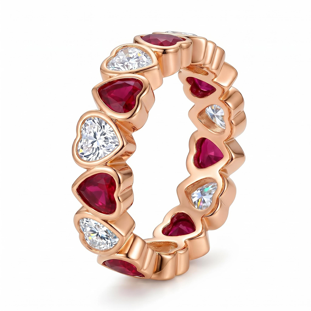 4.2 ct.tw. Alternating Bezel Hearts Rose Red & White Women's Band 4.2 ct.tw. Alternating Bezel Hearts Rose Red & White Women's Band