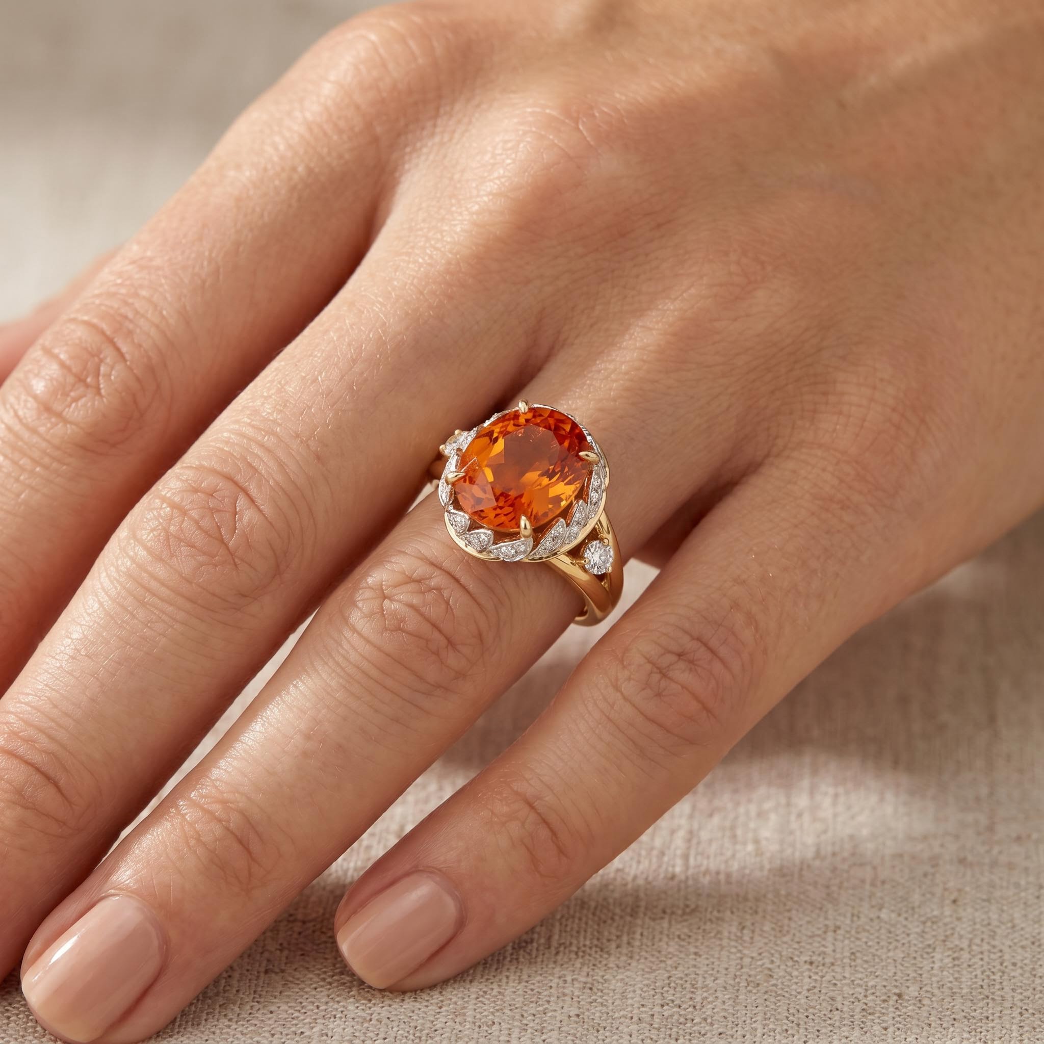 3.9 ct.tw. Leaf-Trimmed Orange Oval Cut Engagement Ring
