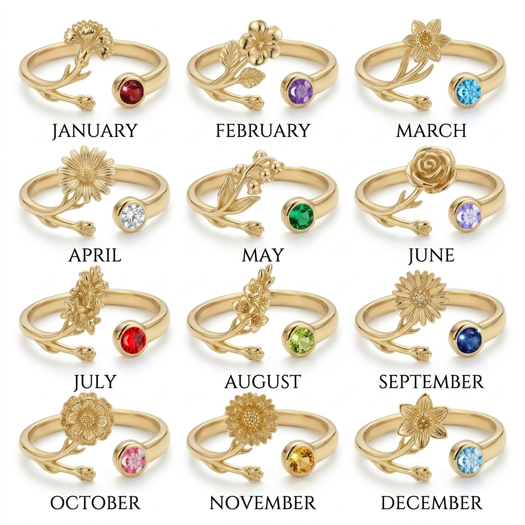 Personalized Birth Flower with Birthstone Open Women's Ring