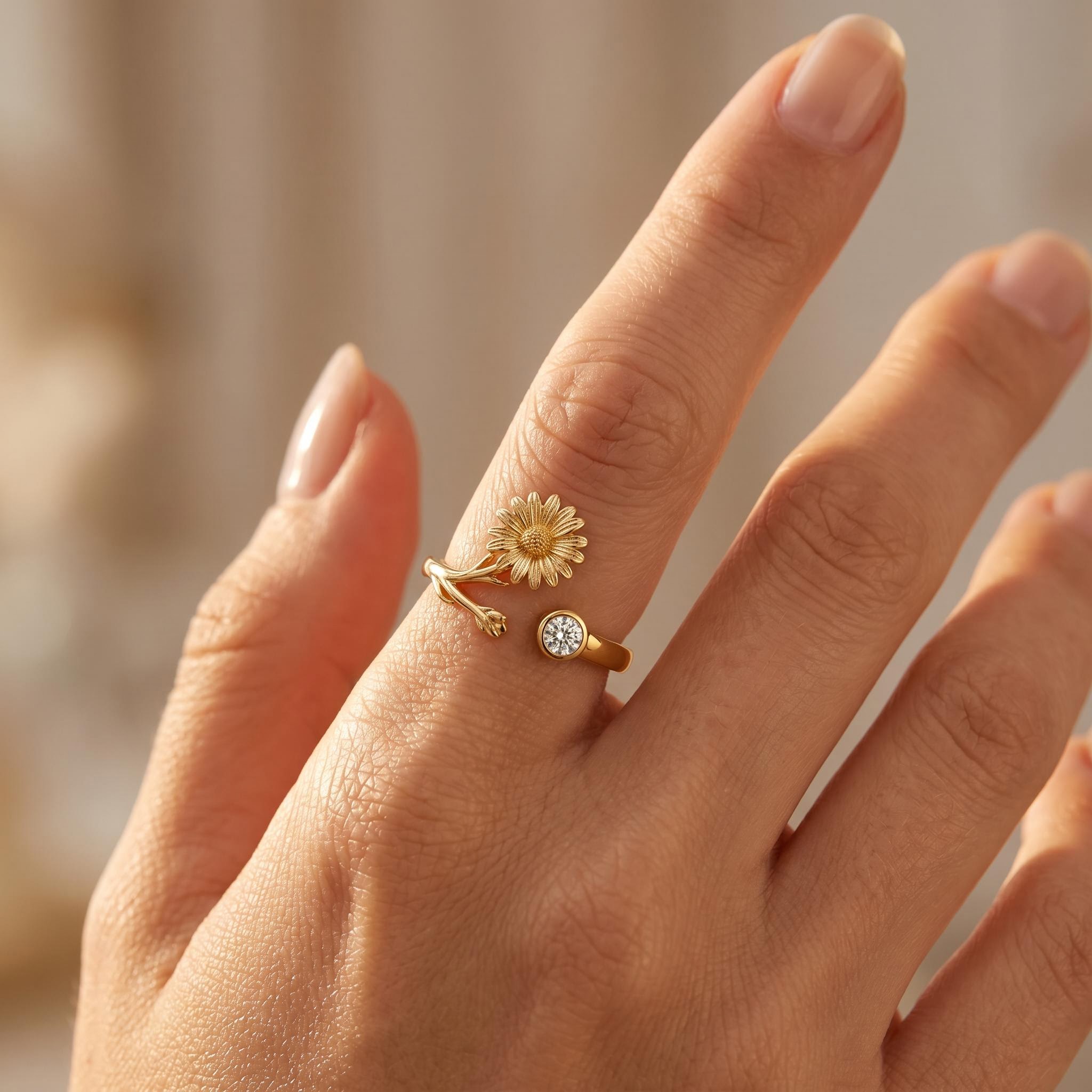 Personalized Birth Flower with Birthstone Open Women's Ring