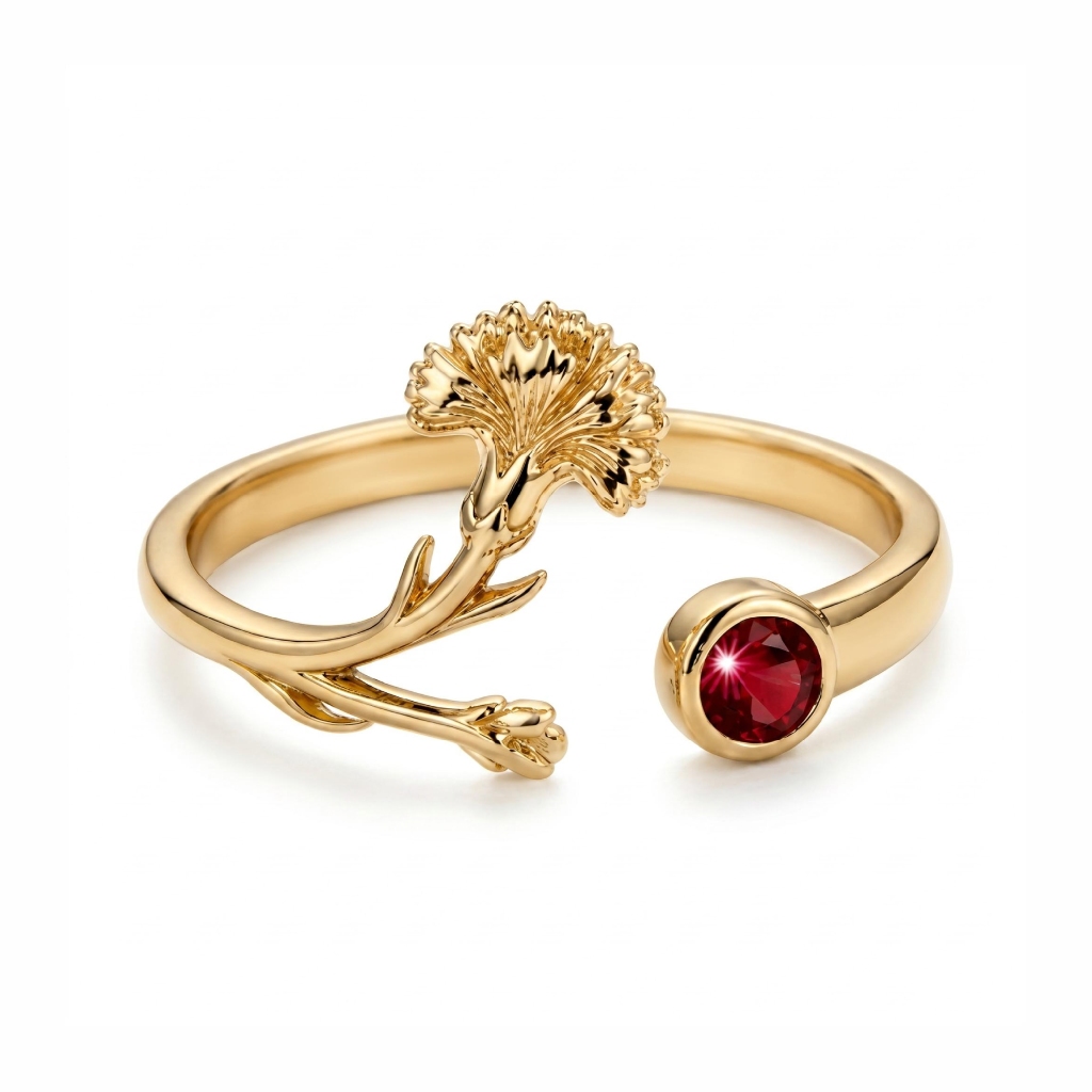 Personalized Birth Flower with Birthstone Open Women's Ring