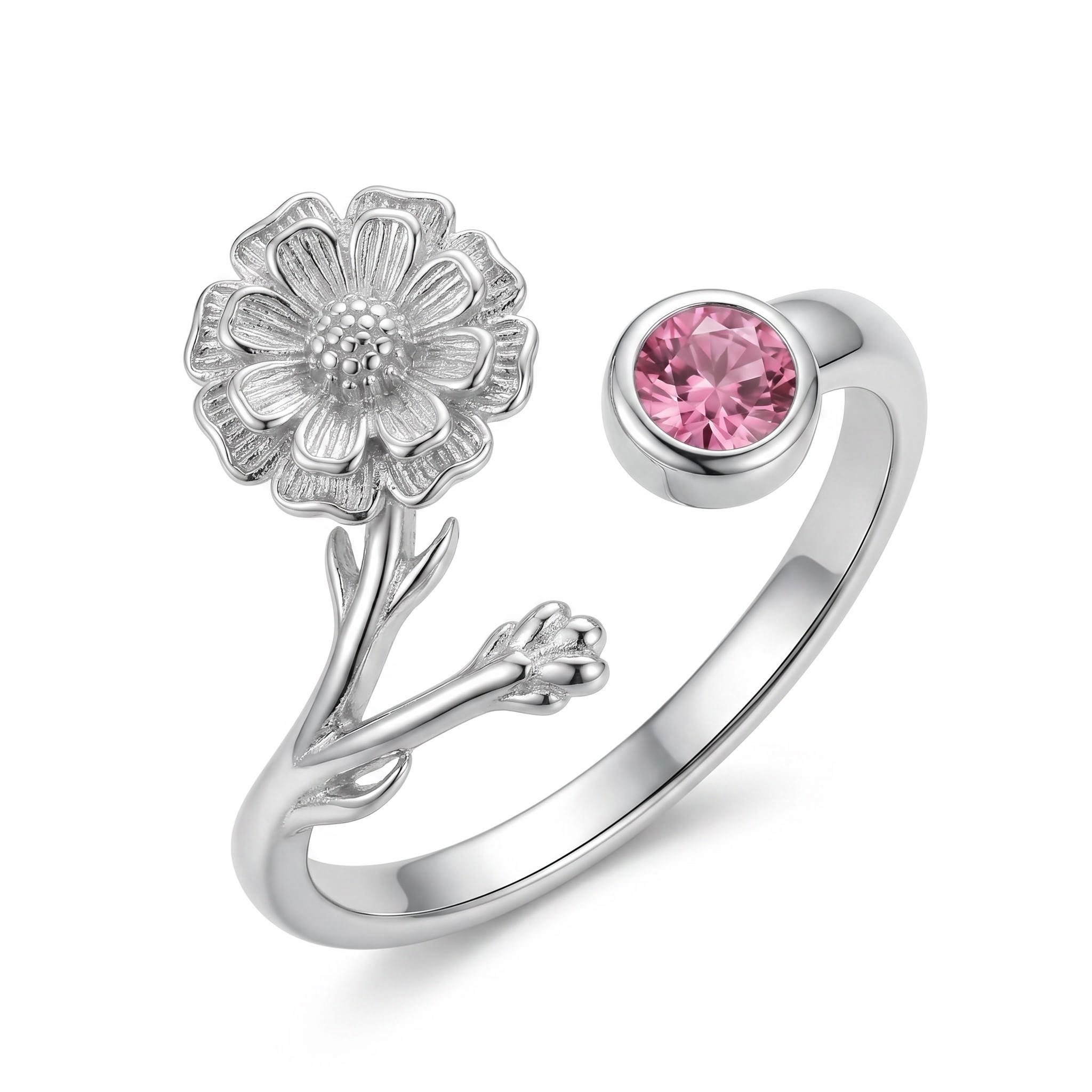 Personalized Birth Flower with Birthstone Open Women's Ring