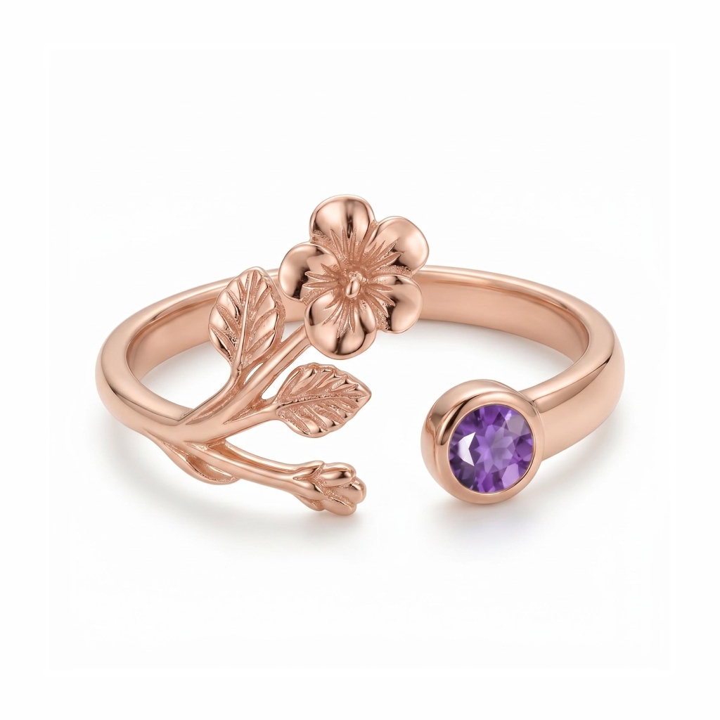 Personalized Birth Flower with Birthstone Open Women's Ring