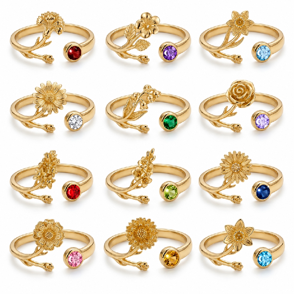 Personalized Birth Flower with Birthstone Open Women's Ring Personalized Birth Flower with Birthstone Open Women's Ring