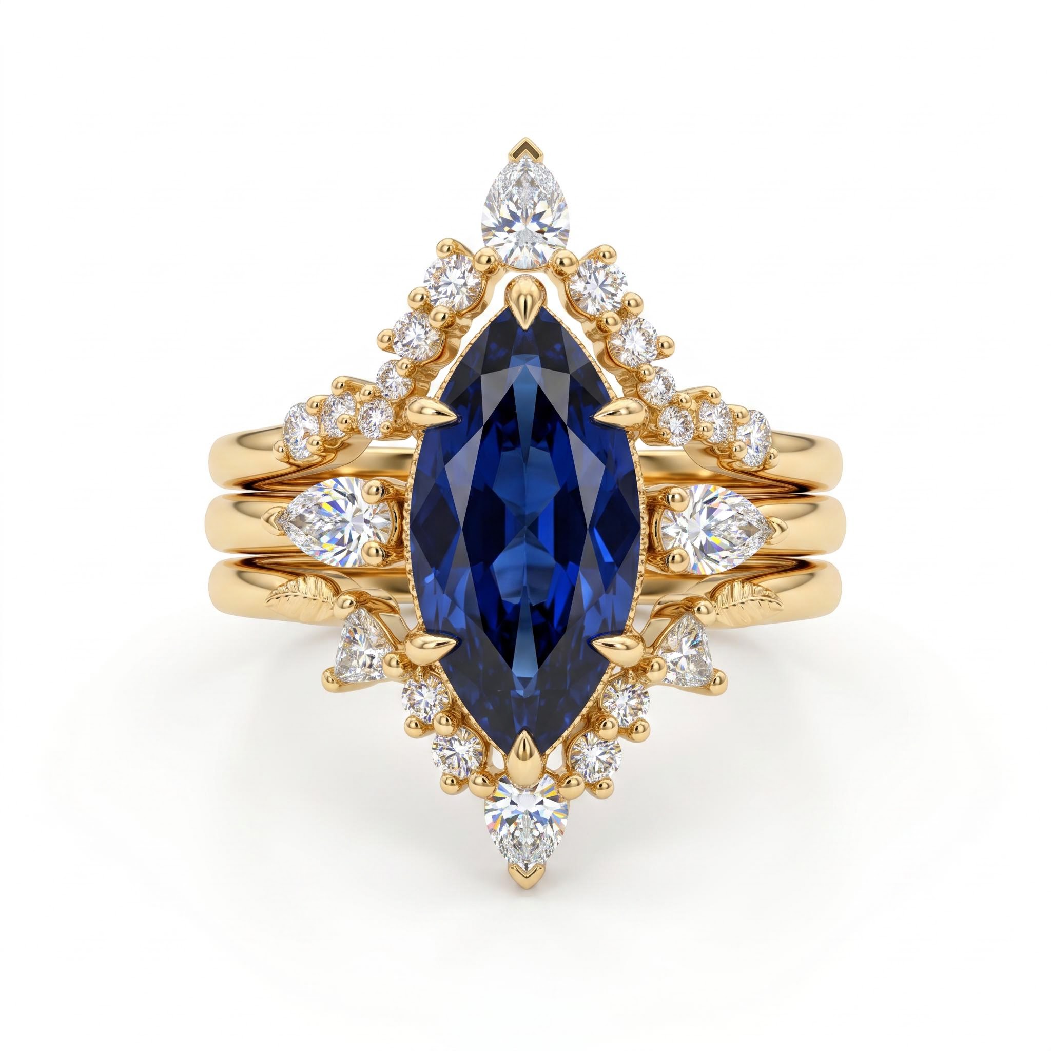 2.8 ct.tw. Sapphire Marquise Cut Hidden Halo with V-shape Band Bridal Ring Set - 3Pcs