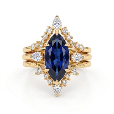 2.8 ct.tw. Sapphire Marquise Cut Hidden Halo with V-shape Band Bridal Ring Set - 3Pcs