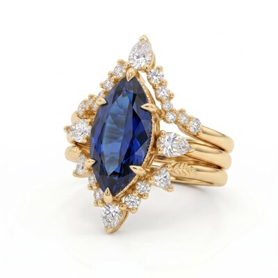 2.8 ct.tw. Sapphire Marquise Cut Hidden Halo with V-shape Band Bridal Ring Set - 3Pcs