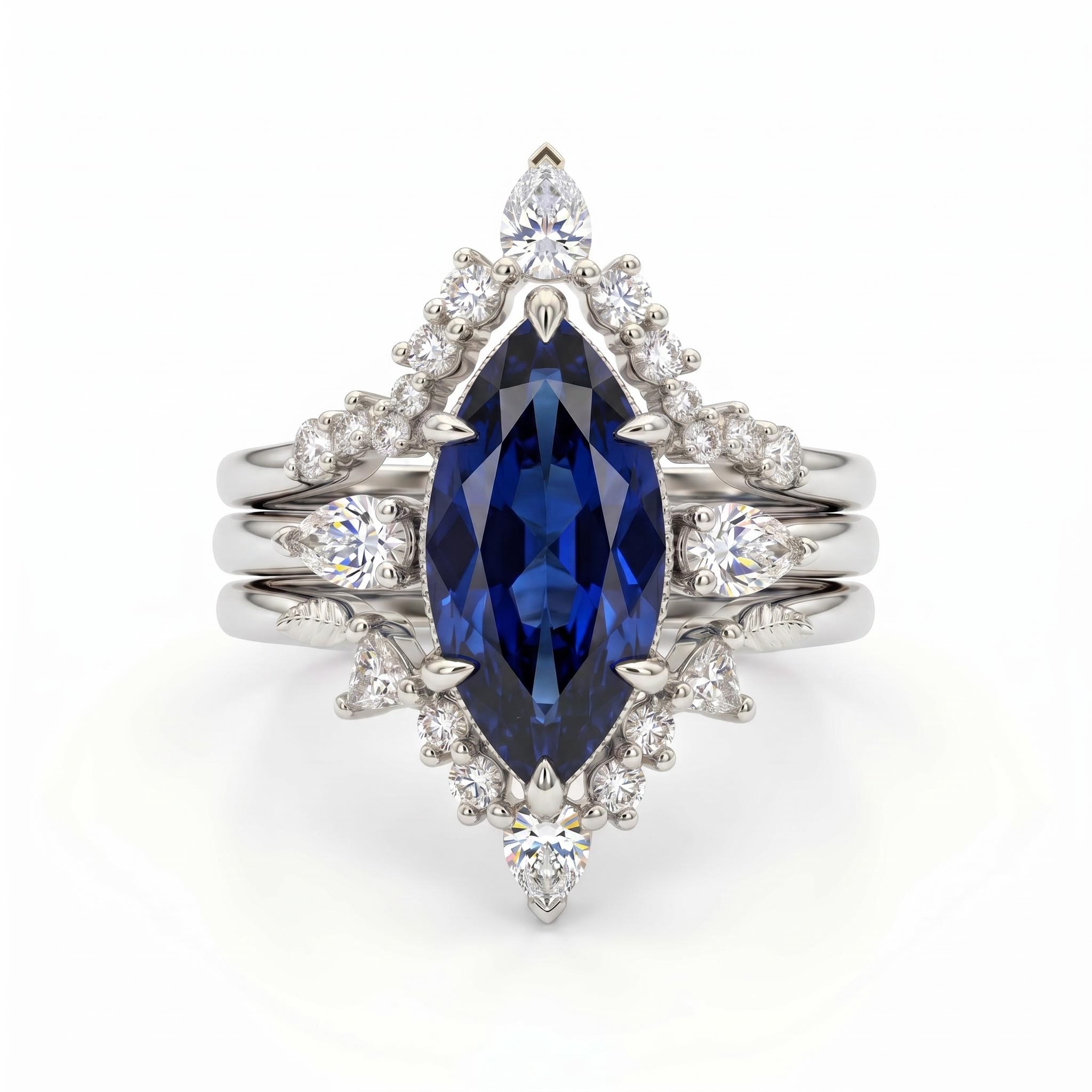 2.8 ct.tw. Sapphire Marquise Cut Hidden Halo with V-shape Band Bridal Ring Set - 3Pcs