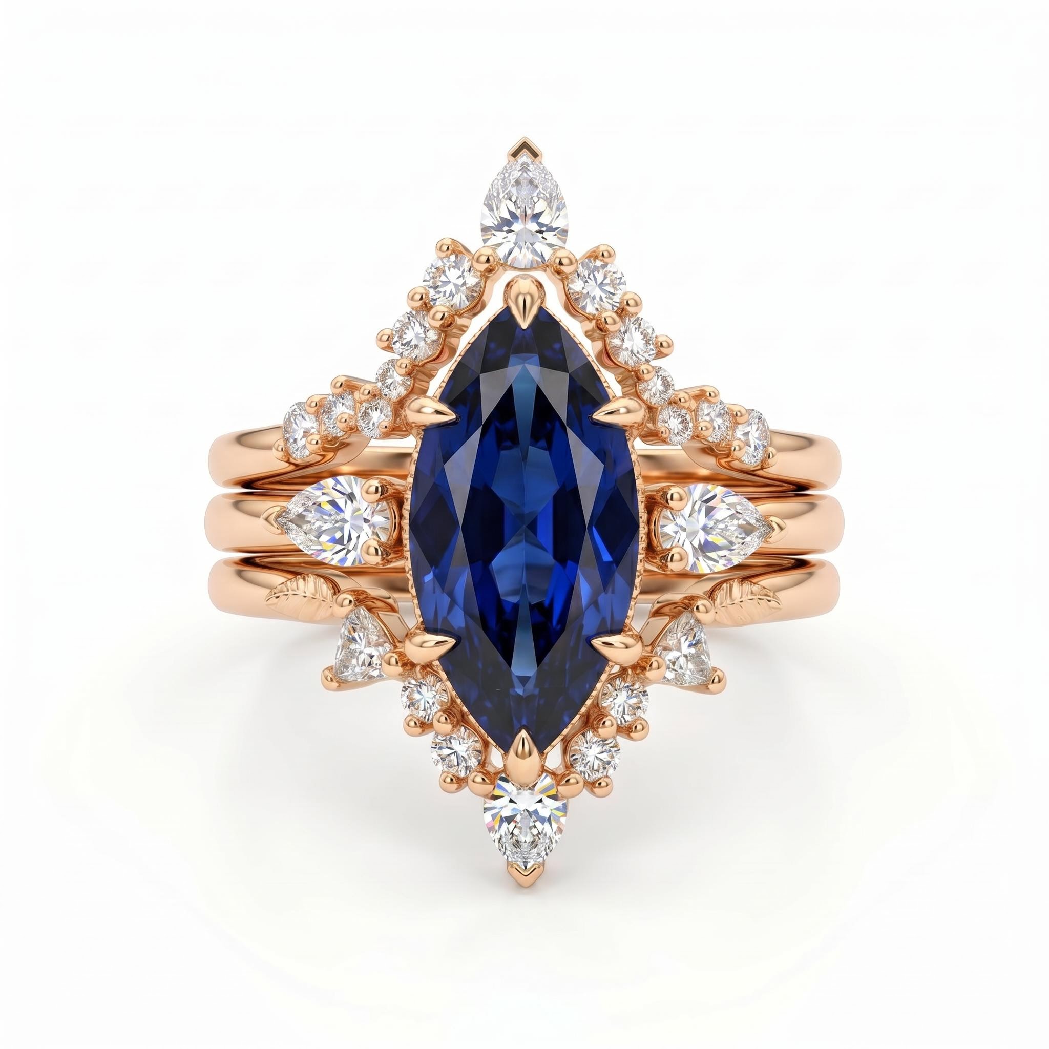 2.8 ct.tw. Sapphire Marquise Cut Hidden Halo with V-shape Band Bridal Ring Set - 3Pcs