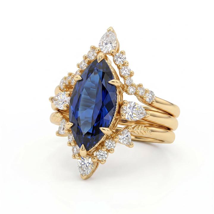 2.8 ct.tw. Sapphire Marquise Cut Hidden Halo with V-shape Band Bridal Ring Set - 3Pcs 2.8 ct.tw. Sapphire Marquise Cut Hidden Halo with V-shape Band Bridal Ring Set - 3Pcs